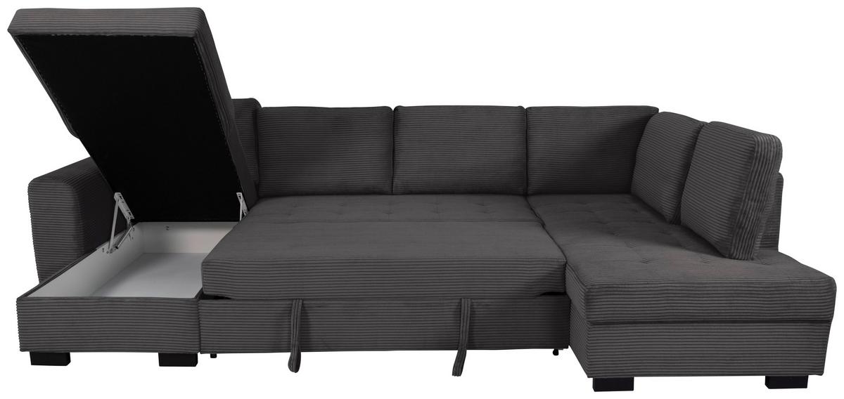 Souprava U MALTE, pravá, šedý manšestr - šedá/černá, Moderní, textil/plast (155/305/178cm) - Based