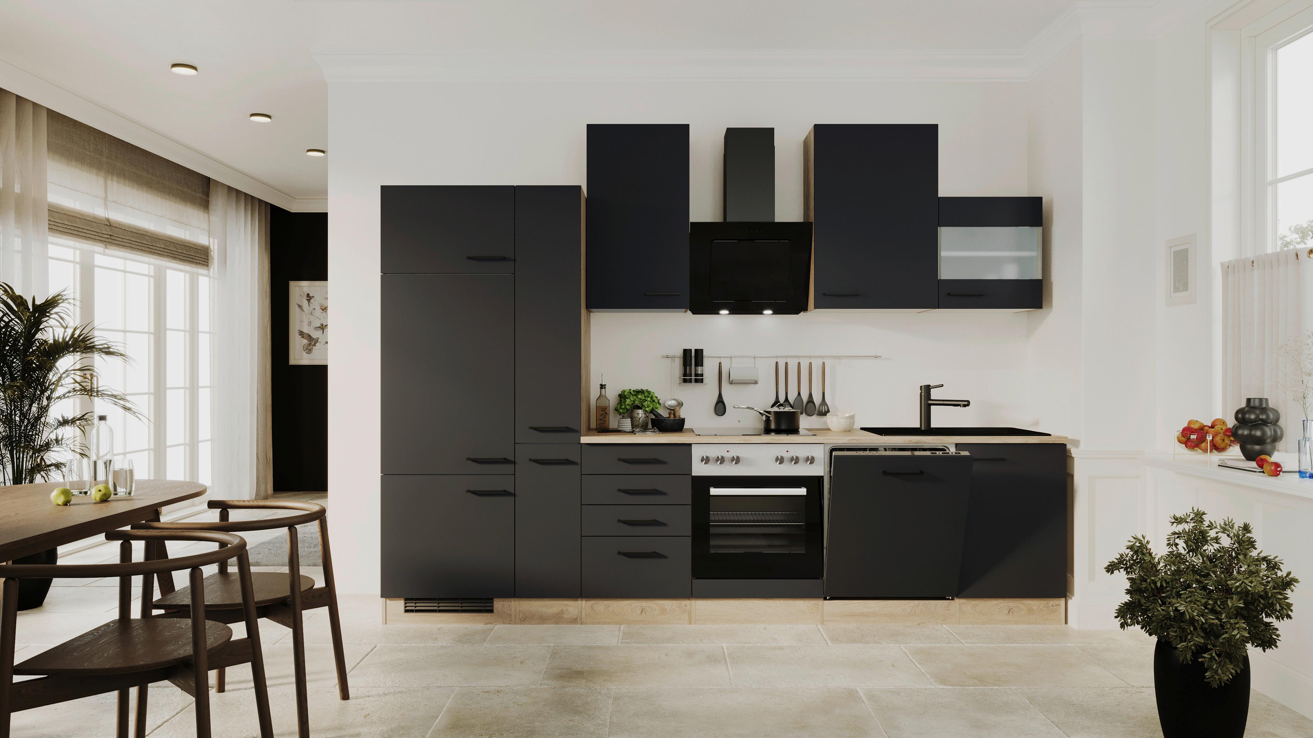 Küchenblock Capri Eiche/Schwarz B: 310 cm - Eichefarben/Schwarz, Basics, Holzwerkstoff (310cm) - FlexWell