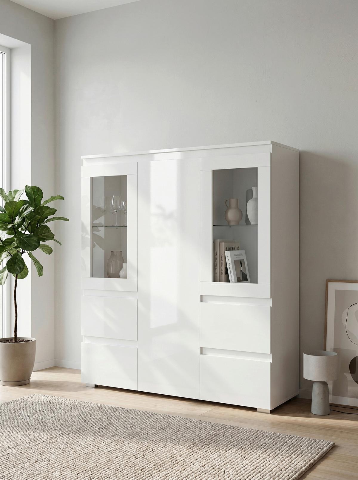 Highboard Capetown Weiß HG B: 116 cm - Weiß Hochglanz/Silberfarben, Trend, Glas/Holzwerkstoff (116/126/40cm)