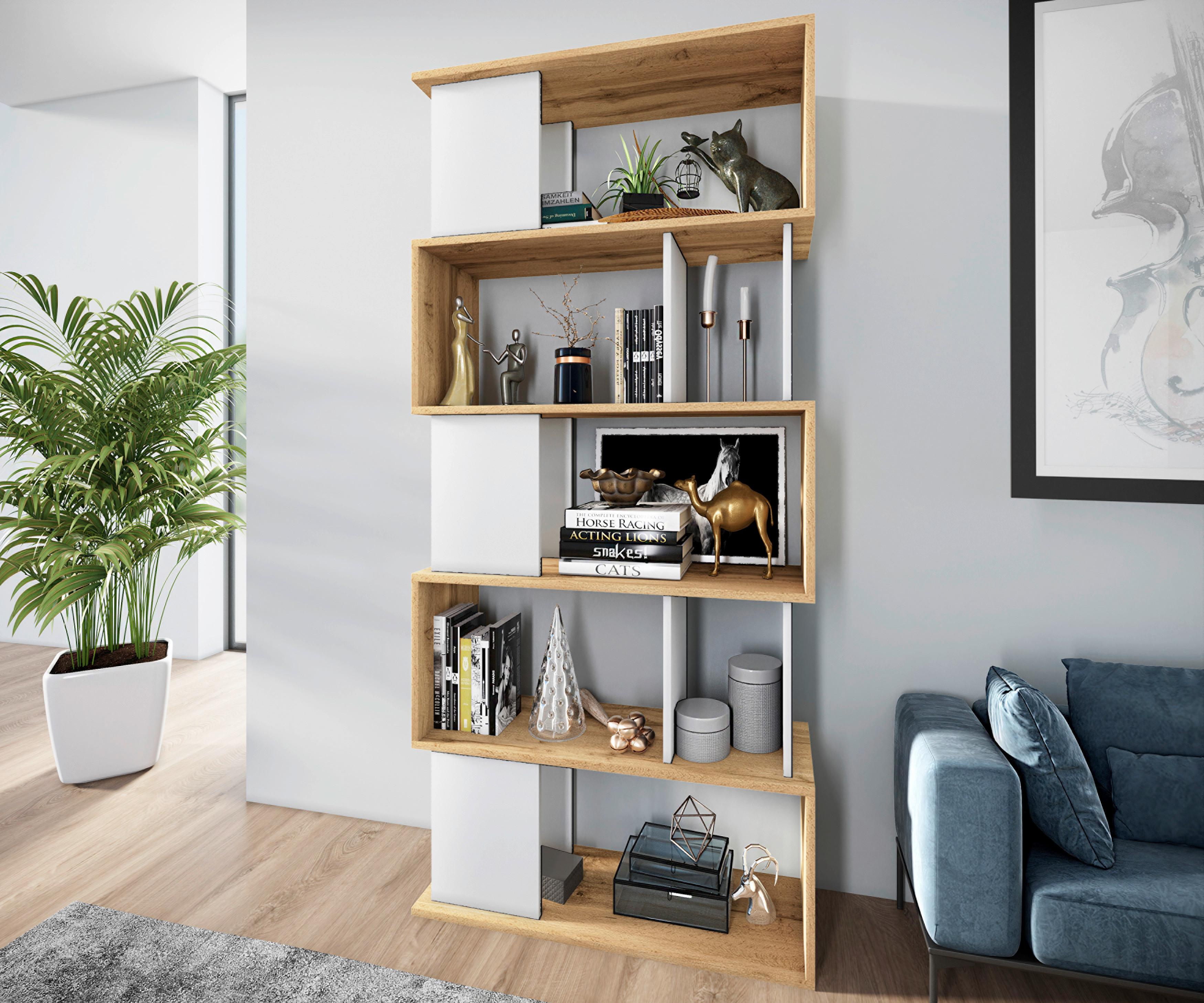 REGÁL LEGO - biela/dub wotan, Modern, kompozitné drevo (80/175,3/33cm)