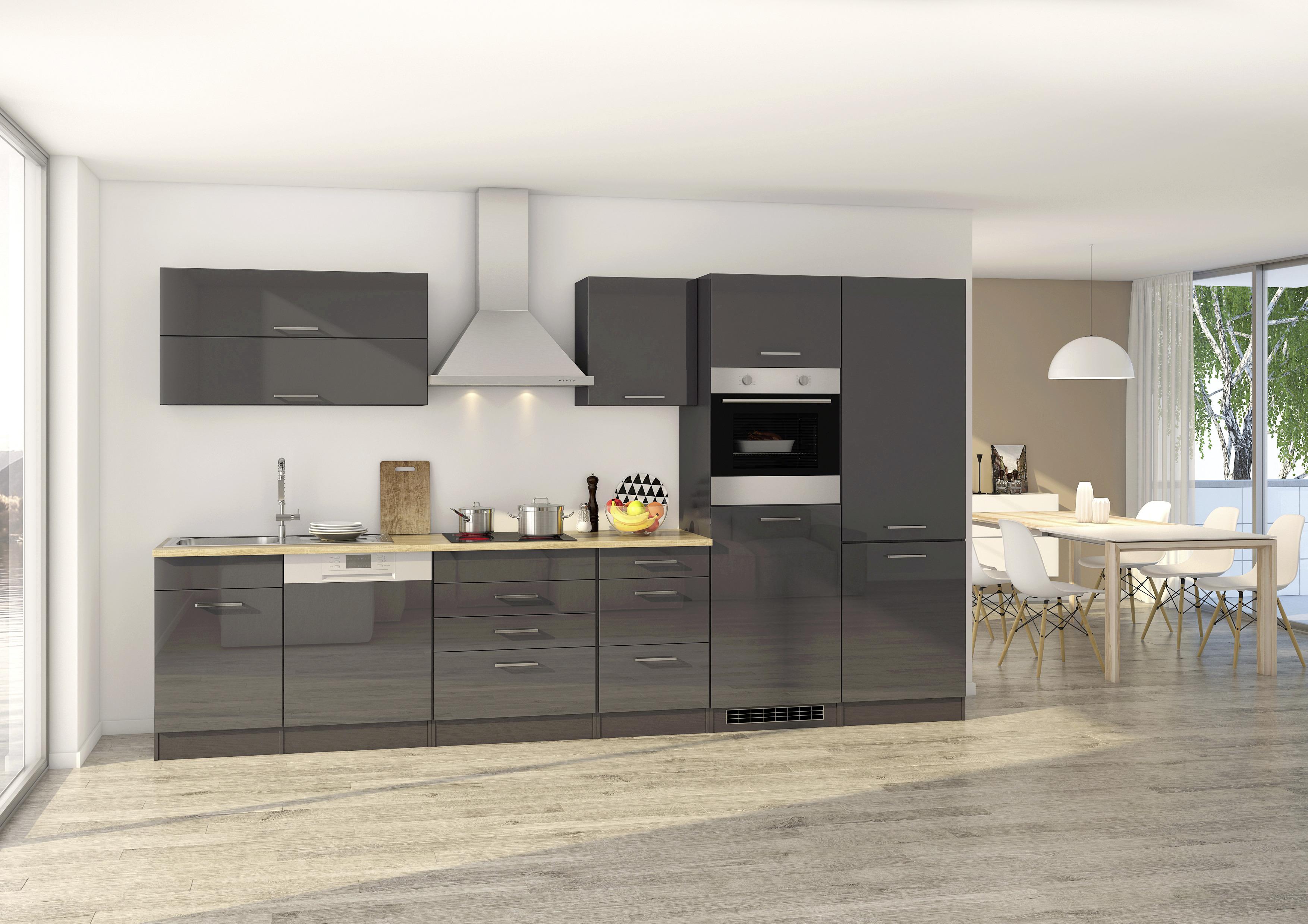 Küchenzeile Mailand mit Geräten 360 cm Anthrazit Hochglanz - Anthrazit/Weiß, MODERN, Holzwerkstoff (360cm) - MID.YOU