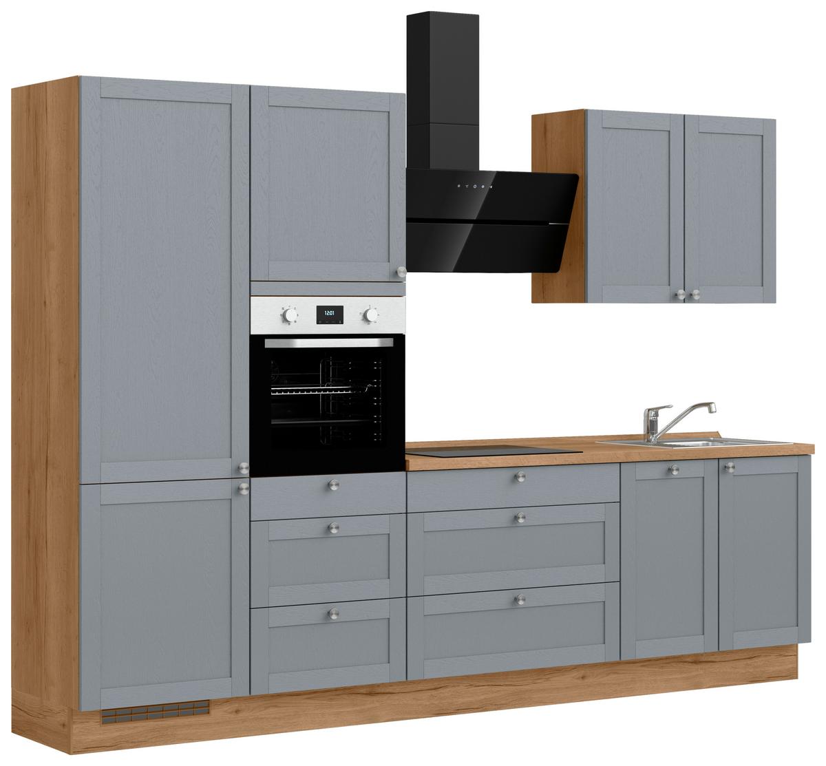 Kuchyňská linka 300 cm, modrošedá / barvy dub - barvy dubu/modrošedá, Romantický / Rustikální, kov/kompozitní dřevo (300cm) - Nobilia