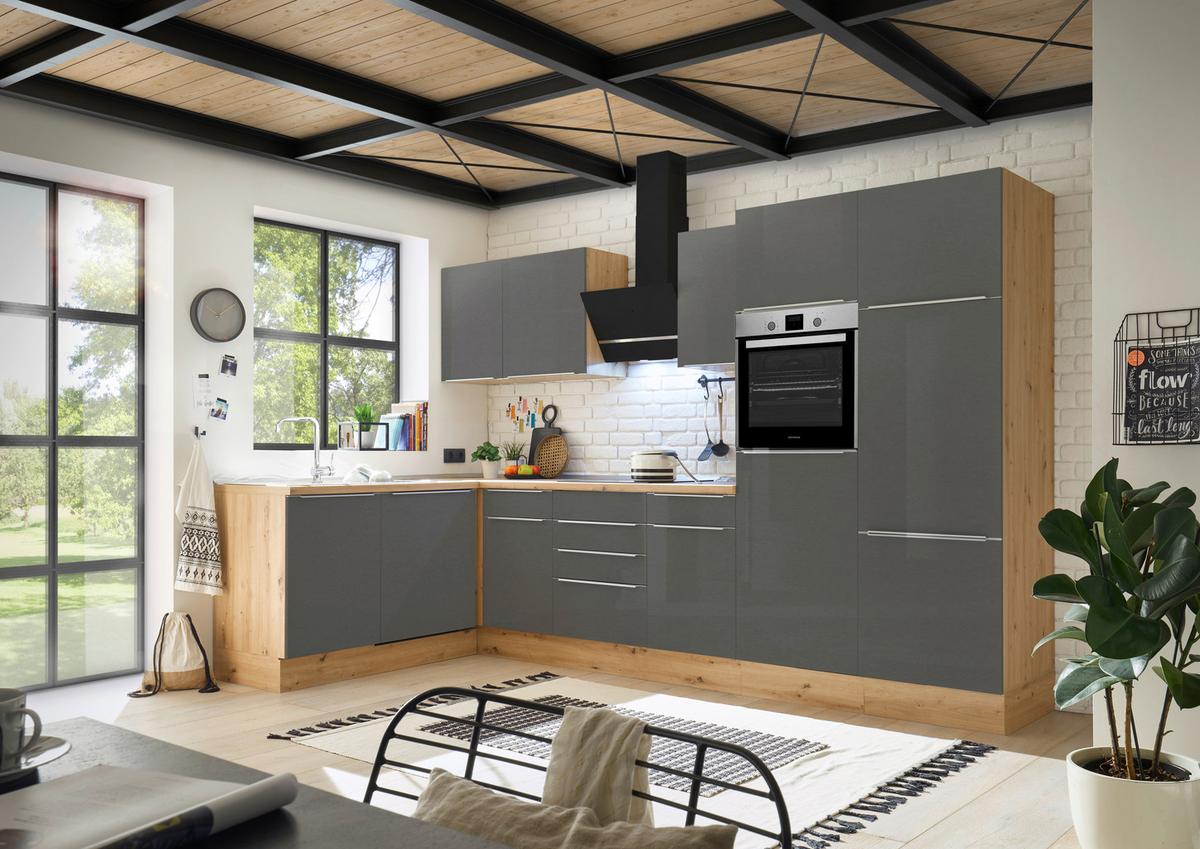 Eckküche Mit Geräten 340x170 Cm Grau/eiche Dekor, Modern - Anthrazit/Eiche Artisan, LIFESTYLE, Holzwerkstoff (170/340cm) - Respekta