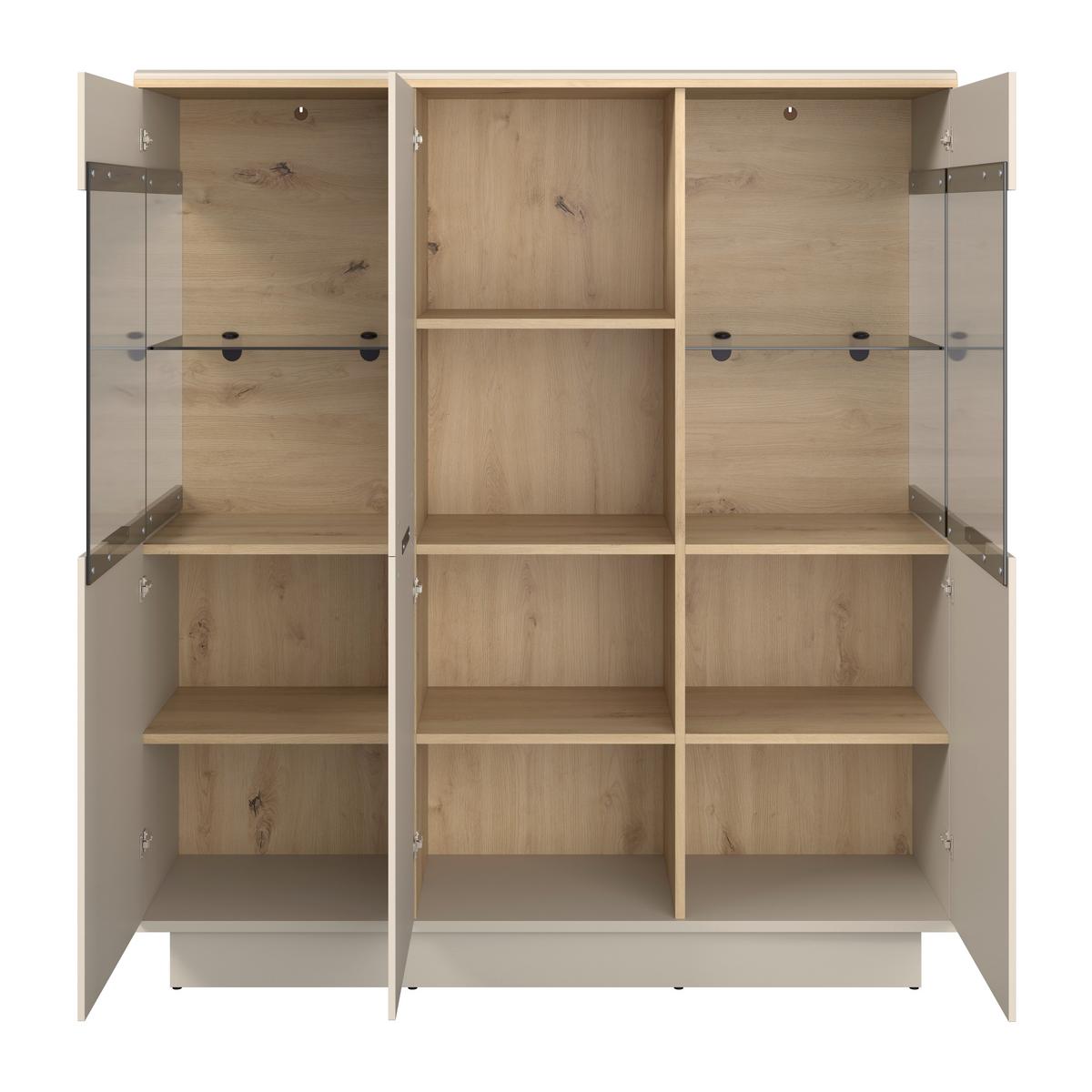 Highboard Darius Eiche Artisan/Kashmir,B:132cm - Kaschmir/Schwarz, Trend, Glas/Holzwerkstoff (132/148,3/37cm)