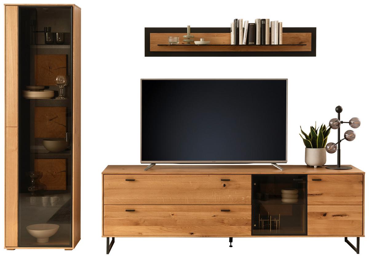 Wohnwand Assini 3-Teilig Wildeiche B: 286 cm - Wildeiche/Schwarz, Design, Glas/Holz (286/206/50cm) - MID.YOU