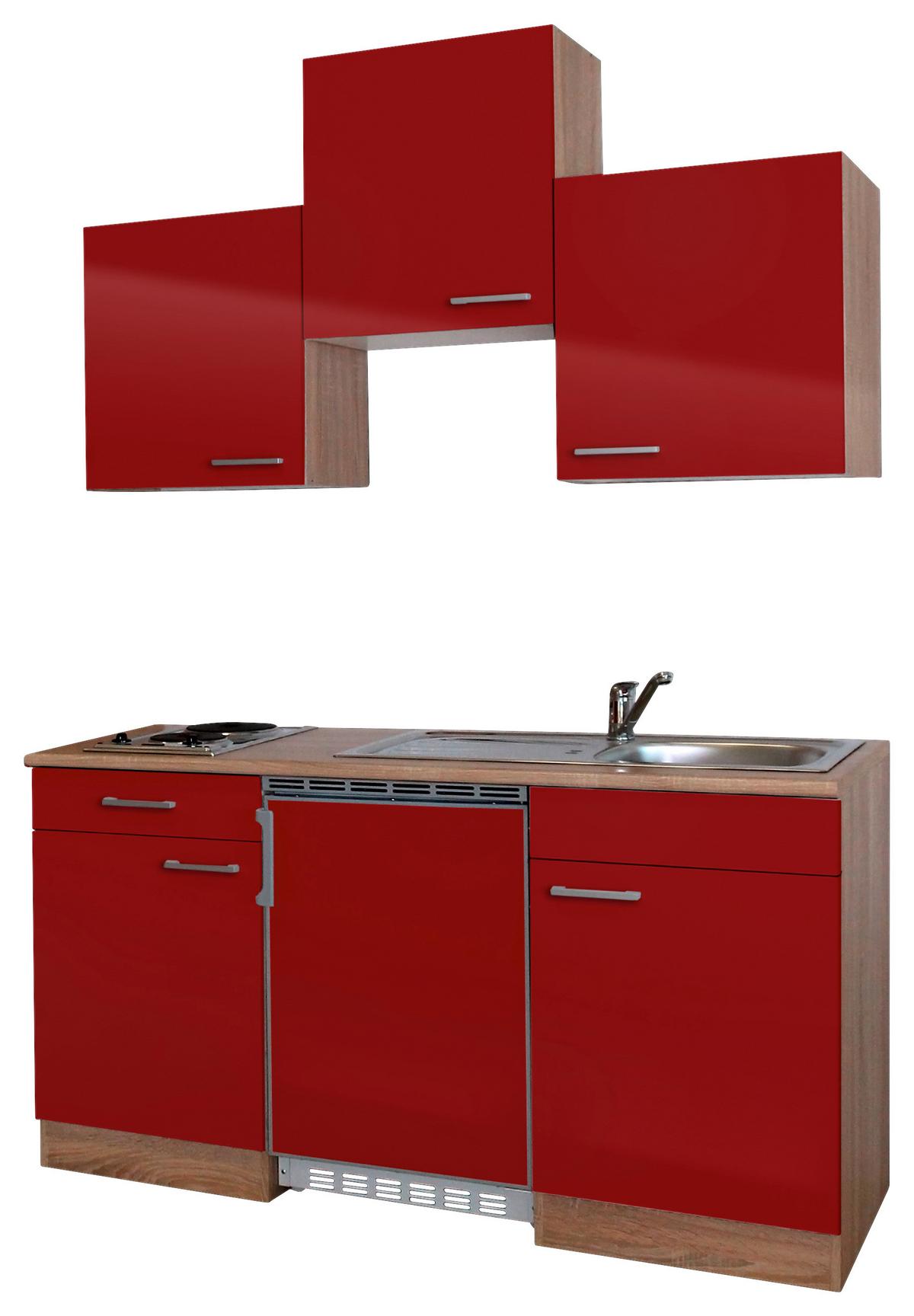 Miniküche mit Kühlschrank + Kochfeld 150cm Rot/Eiche Dekor - Rot, Basics, Holzwerkstoff (150cm) - Respekta