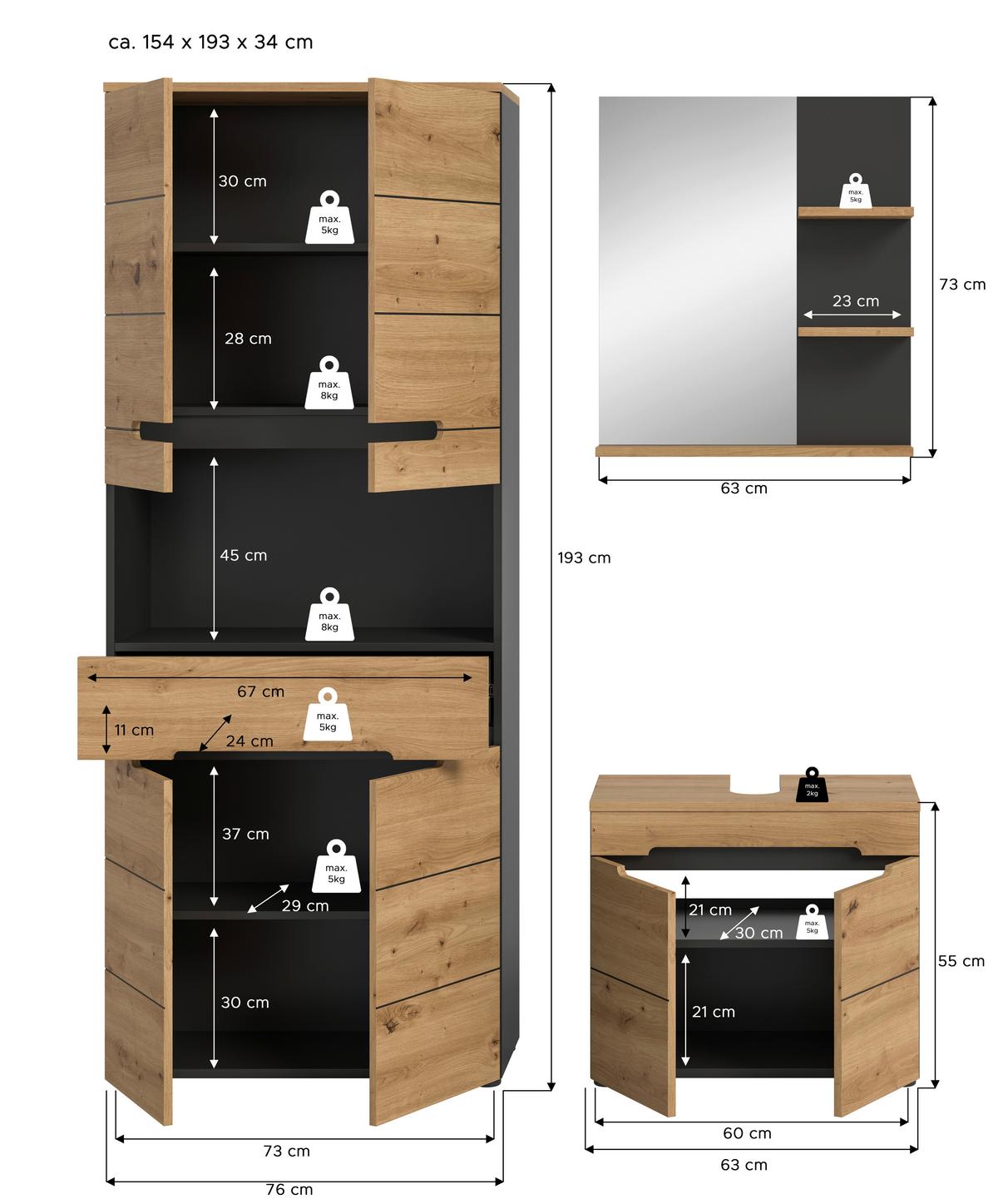 Badezimmer Eiche Artisan Dekor B: 139 Cm - Schwarz/Eiche Artisan, MODERN, Glas/Holzwerkstoff (139cm) - MID.YOU