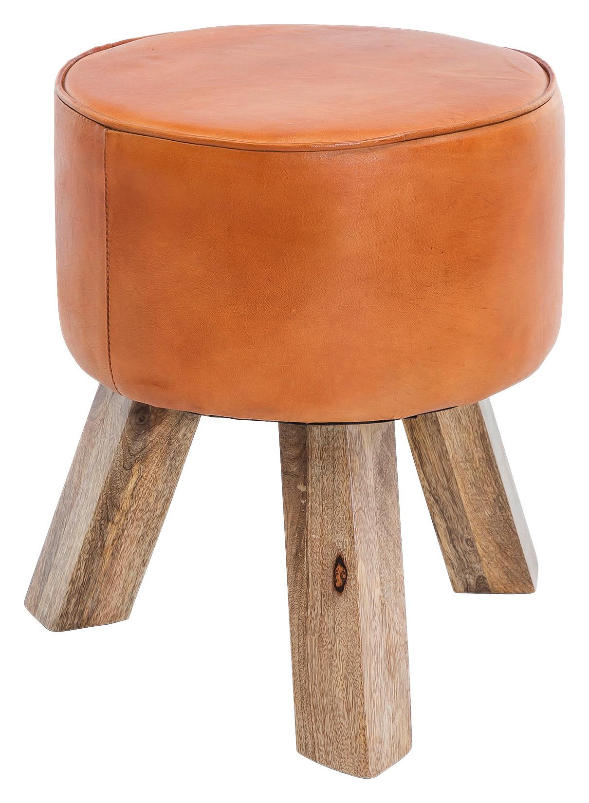 Taburetka hocker pravá koža - hnedá, Natur, koža/drevo (37/45/37cm) - MID.YOU