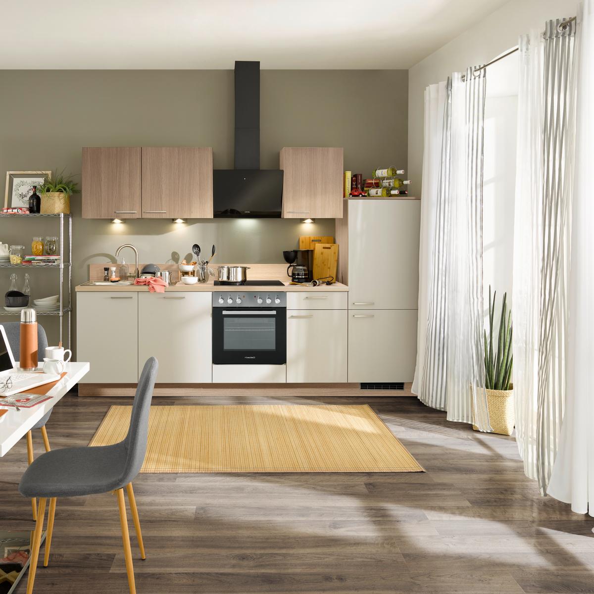 Küchenzeile Win/plan Mit Geräten 280cm Grau/eiche Dekor - Basics, Holzwerkstoff (280cm) - Express