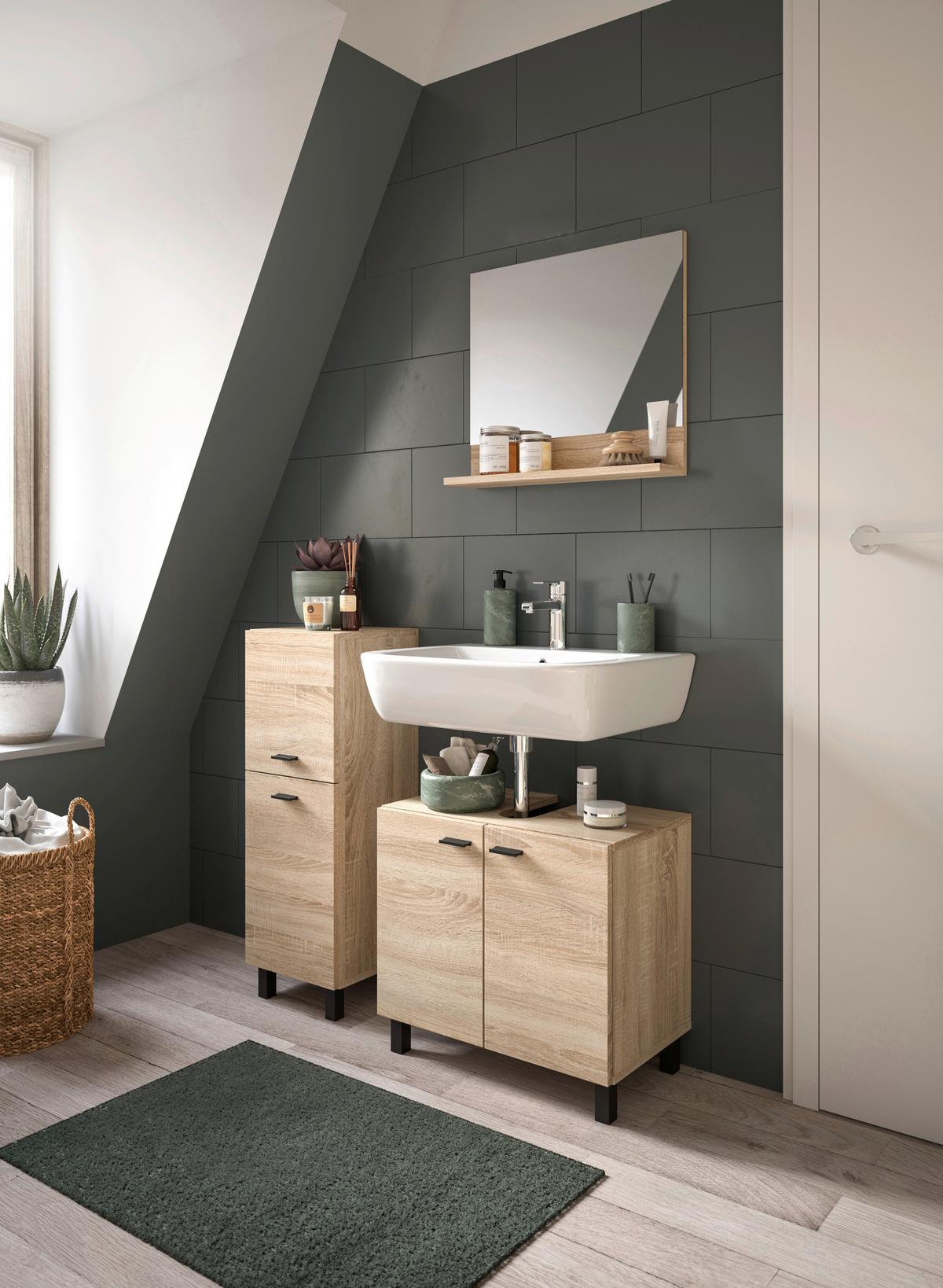 Badezimmer Boston Sonoma Eiche Dekor - Schwarz/Sonoma Eiche, MODERN, Glas/Holzwerkstoff (87cm) - MID.YOU