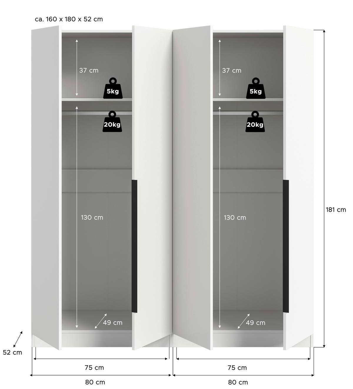 Drehtürenschrank Kopenhagen, Weiß B: 160 cm - Weiß, MODERN, Holzwerkstoff (160/181/52cm) - MID.YOU