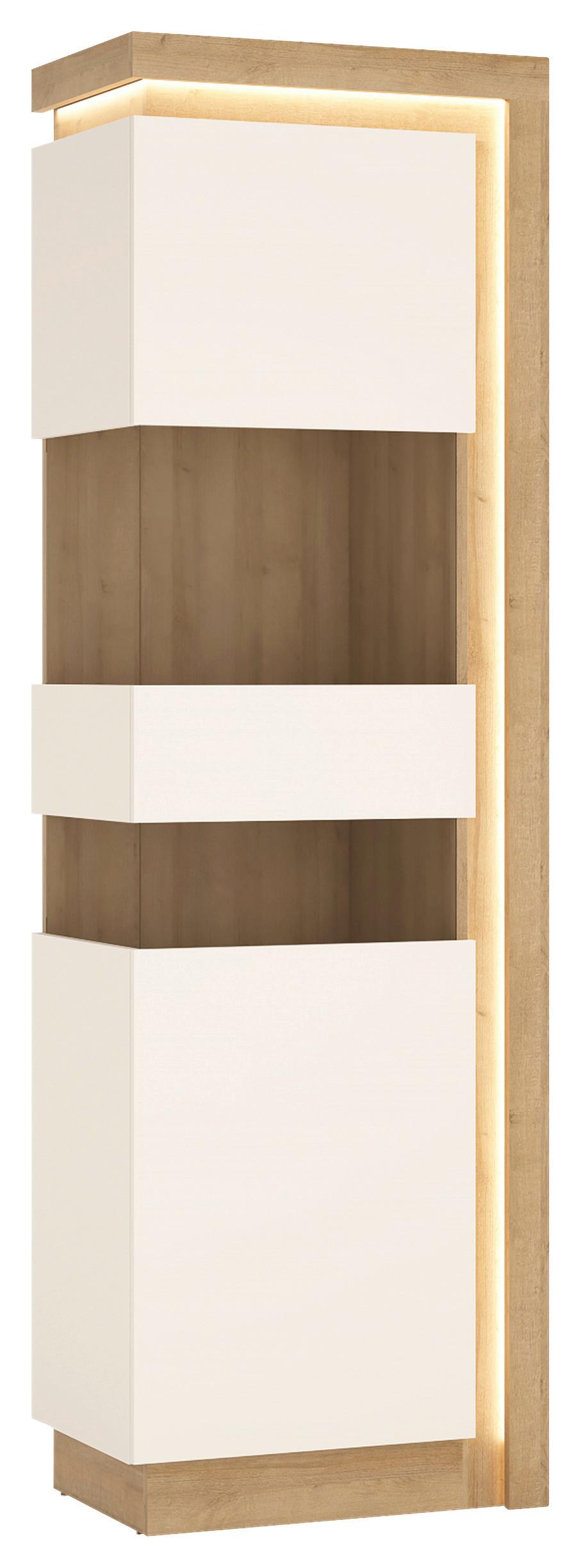 Vitrine Lyon Hell Weiß/Eichefarben B: 60 cm - Weiß Hochglanz/Eichefarben, Trend, Glas/Holzwerkstoff (59,7/198,1/42cm)