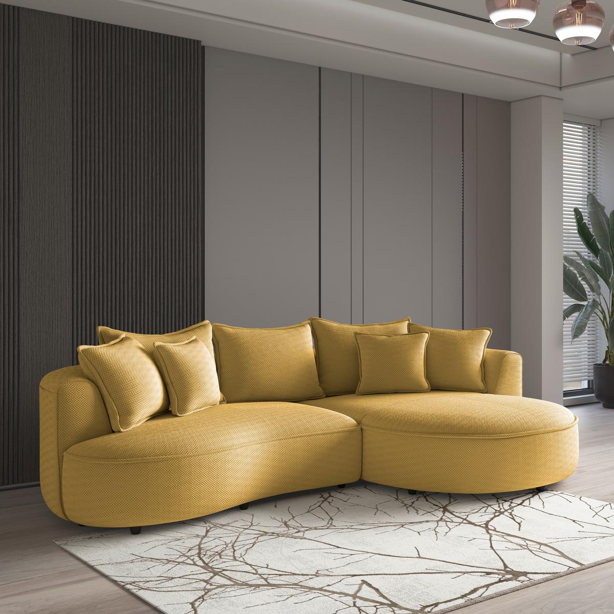 Rohová sedačka LEVI, pravá horčicovožltá, so 7 vankúšmi - čierna/horčicovožltá, Modern, textil/plast (287/168cm)