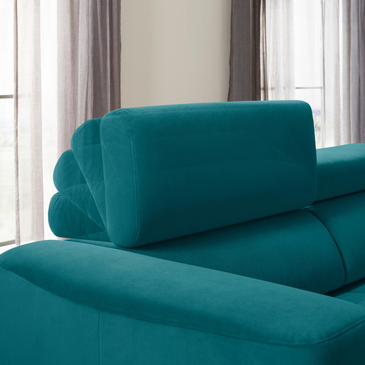 Rohová sedačka EMMA, pravá, petrolej.,op.hl.,USB,el.výsuv - petrolej/černá, Moderní, textil (301/210cm) - Premium Living