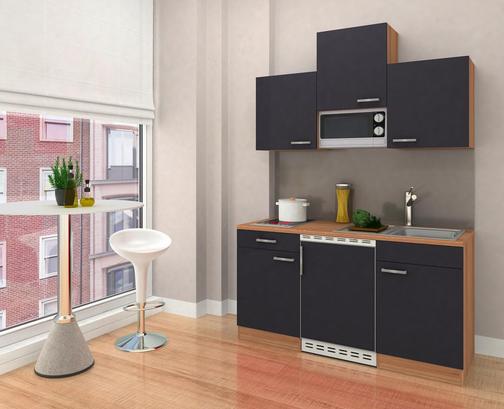Praktische Miniküche mit grauen Fronten und Korpus in Eiche Dekor Praktische Miniküche mit grauen Fronten und Korpus in Eiche Dekor