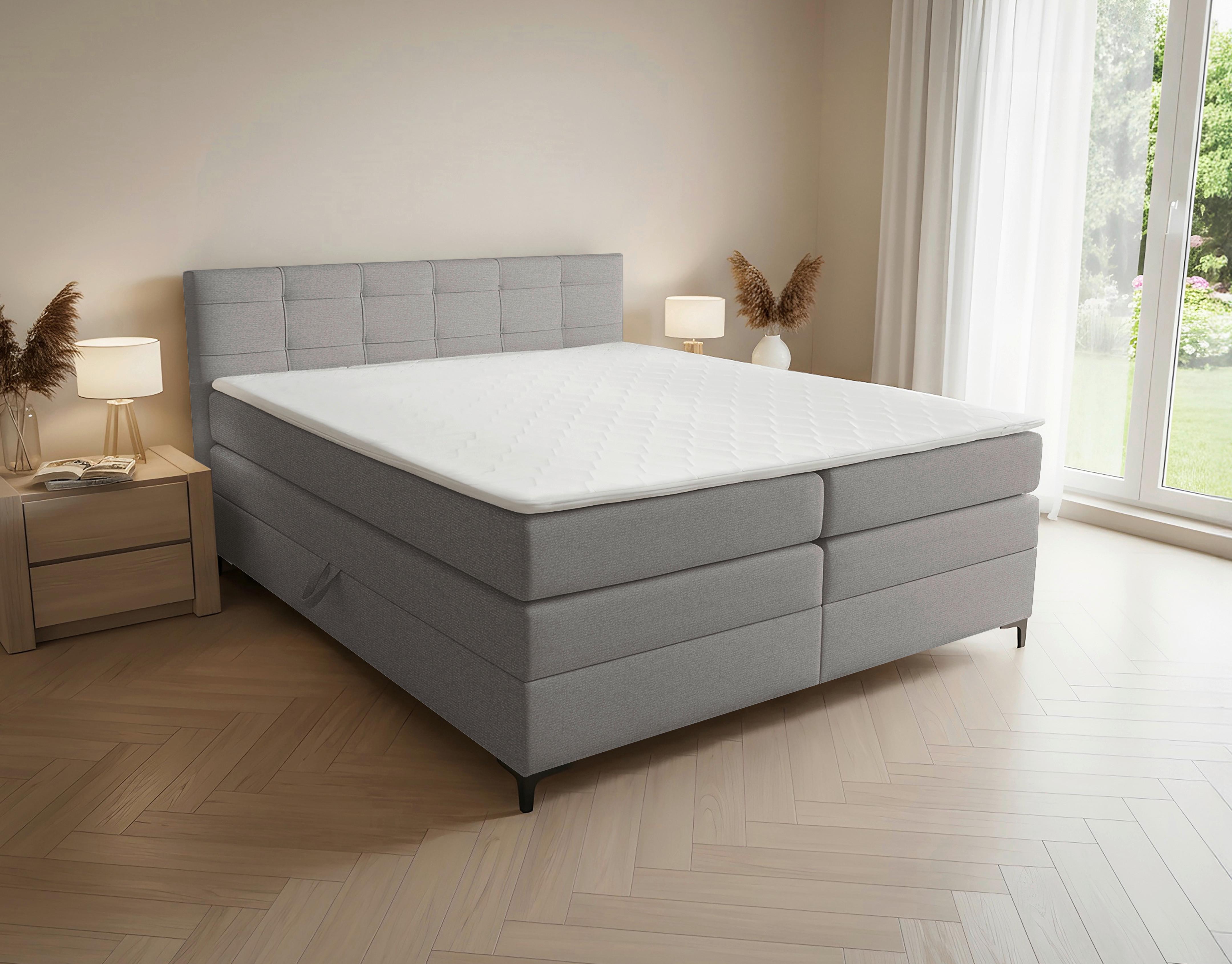 Boxspringbett Mitto mit Topper 180x200 cm - Hellgrau/Schwarz, KONVENTIONELL, Textil/Metall (180/200cm)
