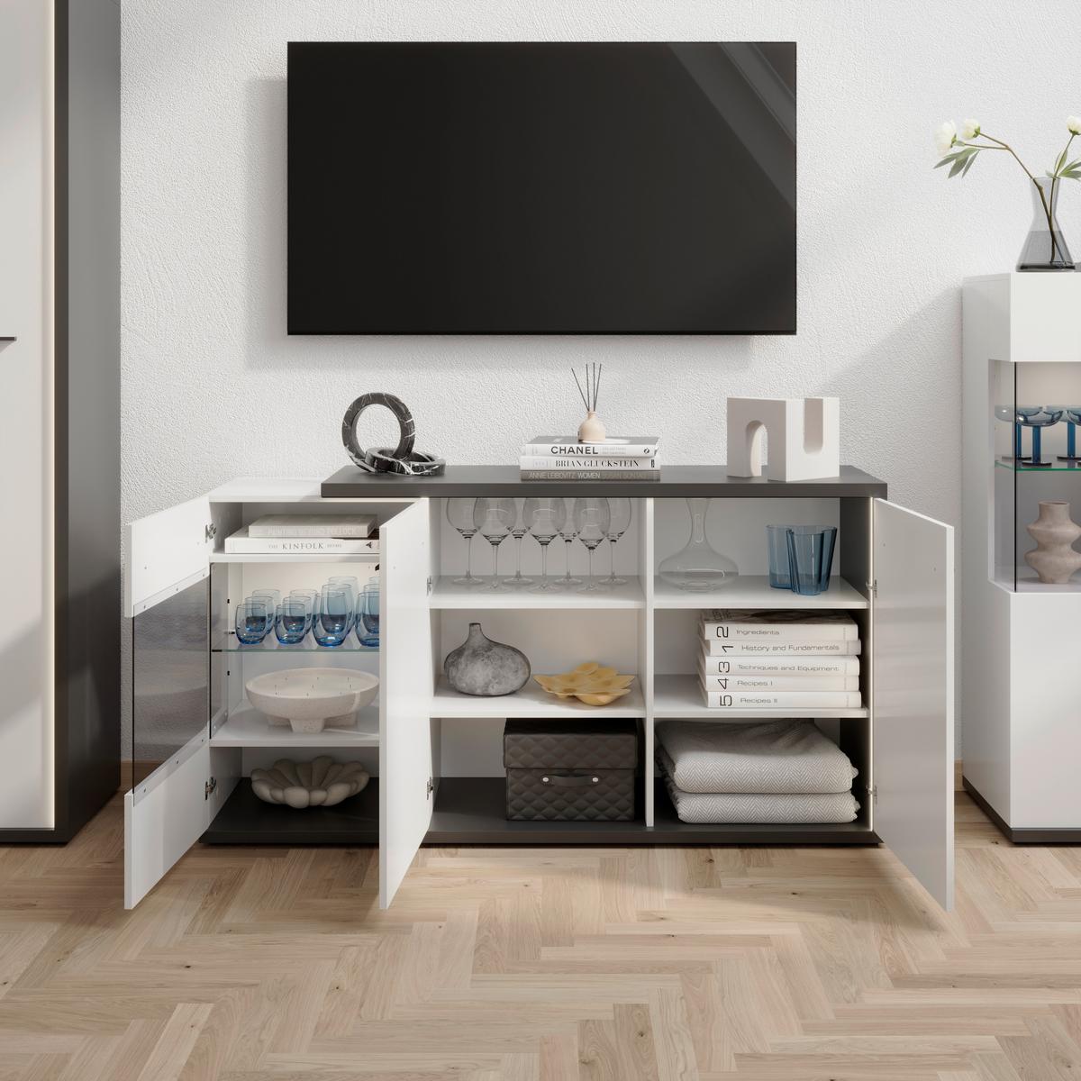 Sideboard Ambiente B: 153,4 cm mit LED, Alpinweiss/Anthrazit - Weiß Hochglanz/Anthrazit, MODERN, Glas/Holzwerkstoff (153,4/81,6/43,6cm)