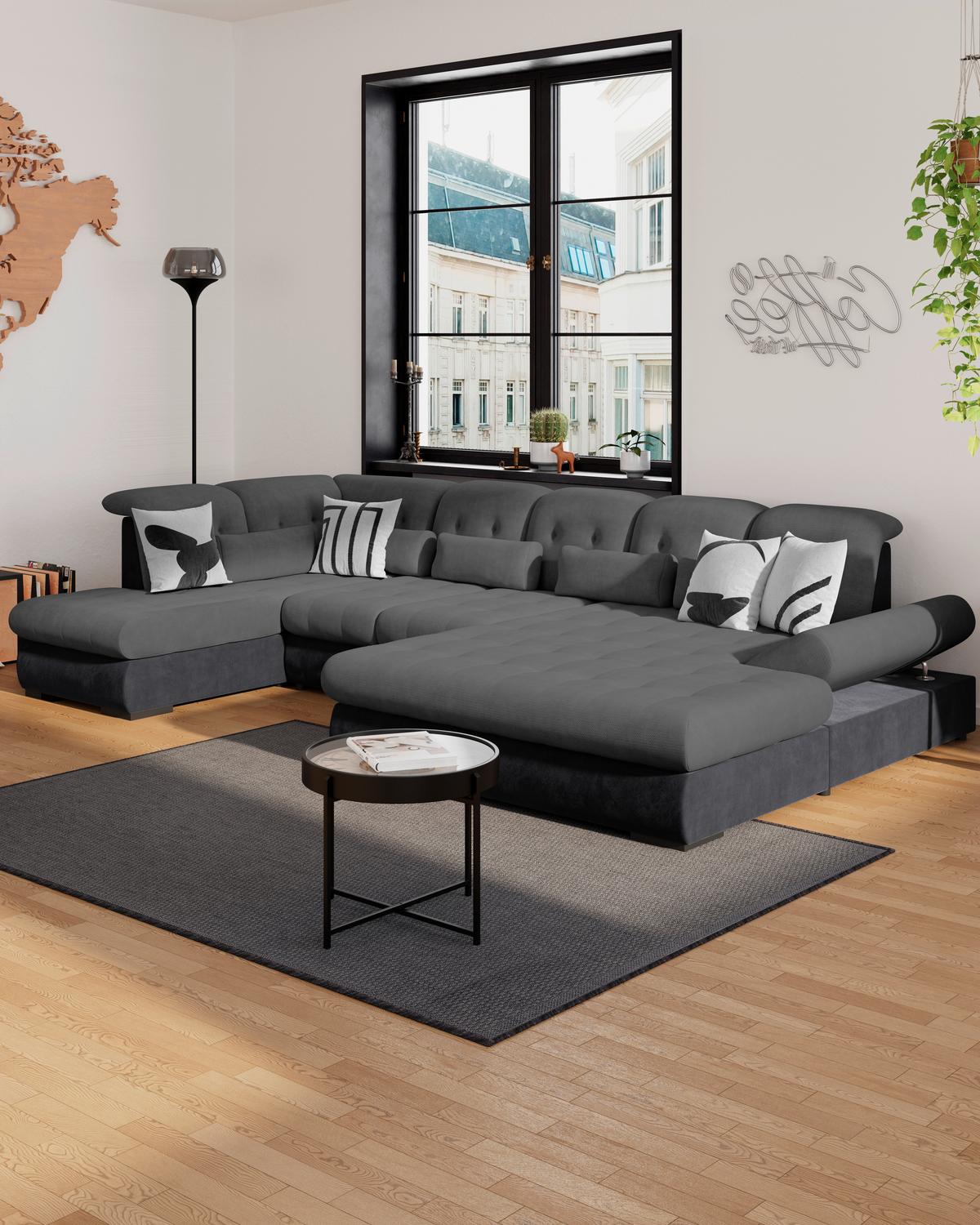 Wohnlandschaft Madera Anthrazit B: 212 Cm - Anthrazit/Schwarz, KONVENTIONELL, Kunststoff/Textil (212/358/190cm)