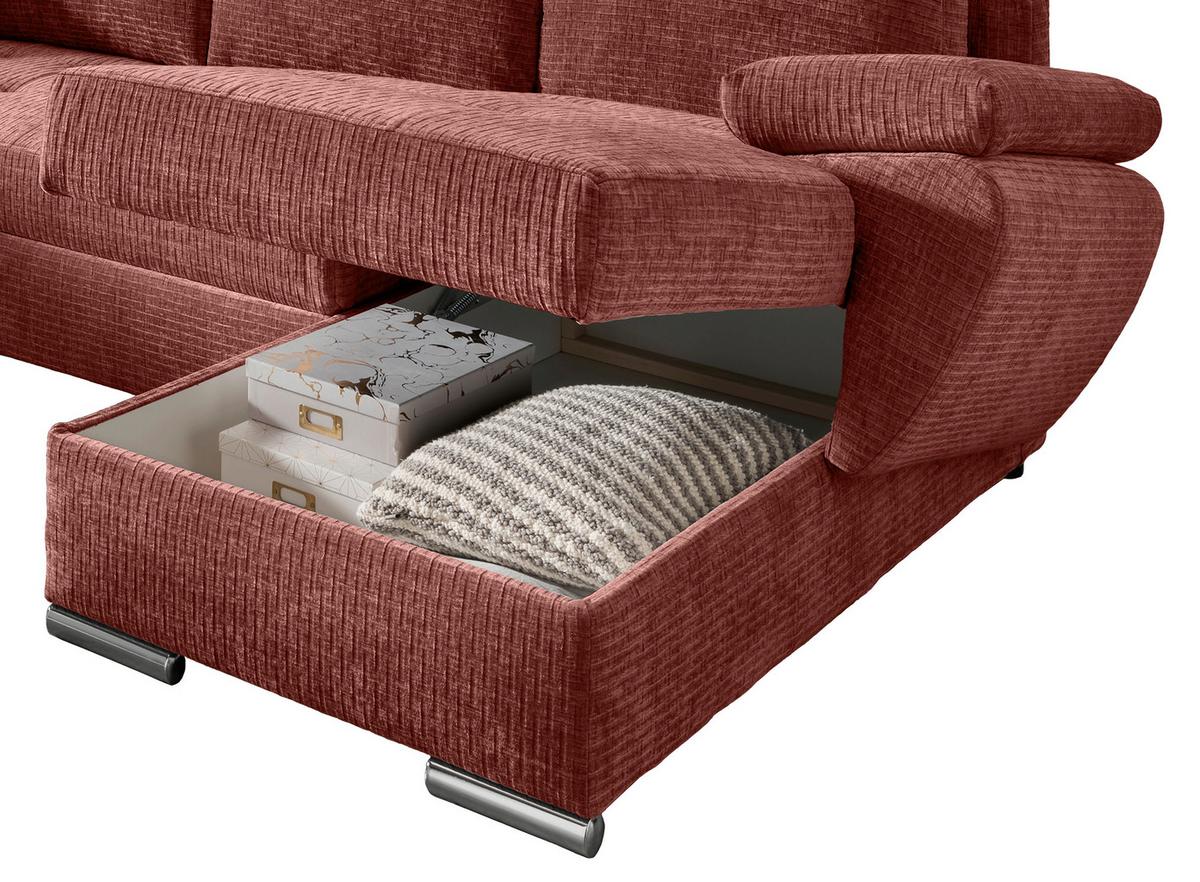 Wohnlandschaft Terana Koralle mit Schlaffunktion, Mikrofaser - Chromfarben/Koralle, KONVENTIONELL, Textil (219/305/157cm) - Livetastic