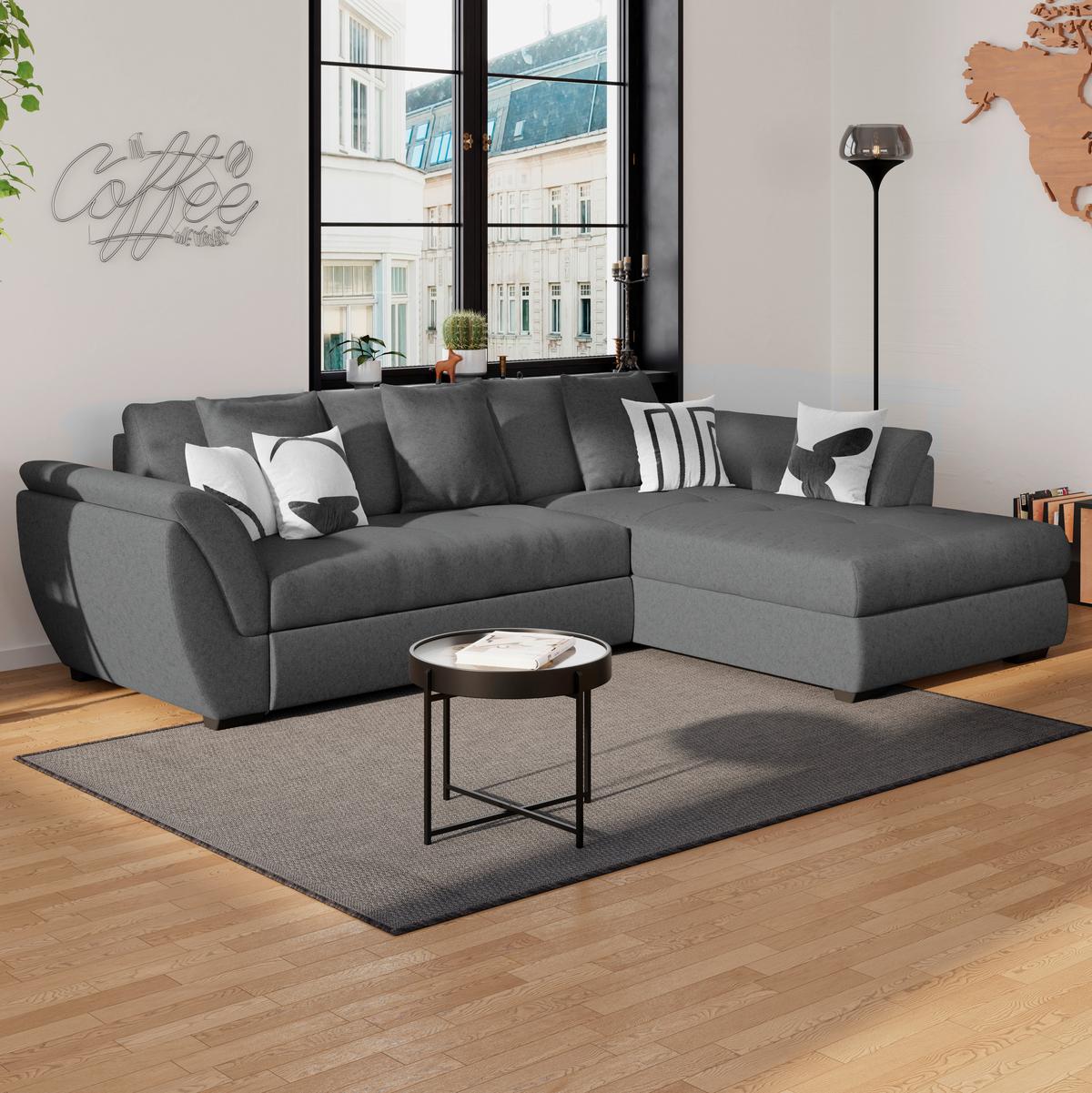 Ecksofa mit Schlaffunktion Berisso, Webstoff - Anthrazit/Schwarz, Design, Textil (278/187cm) - Ondega