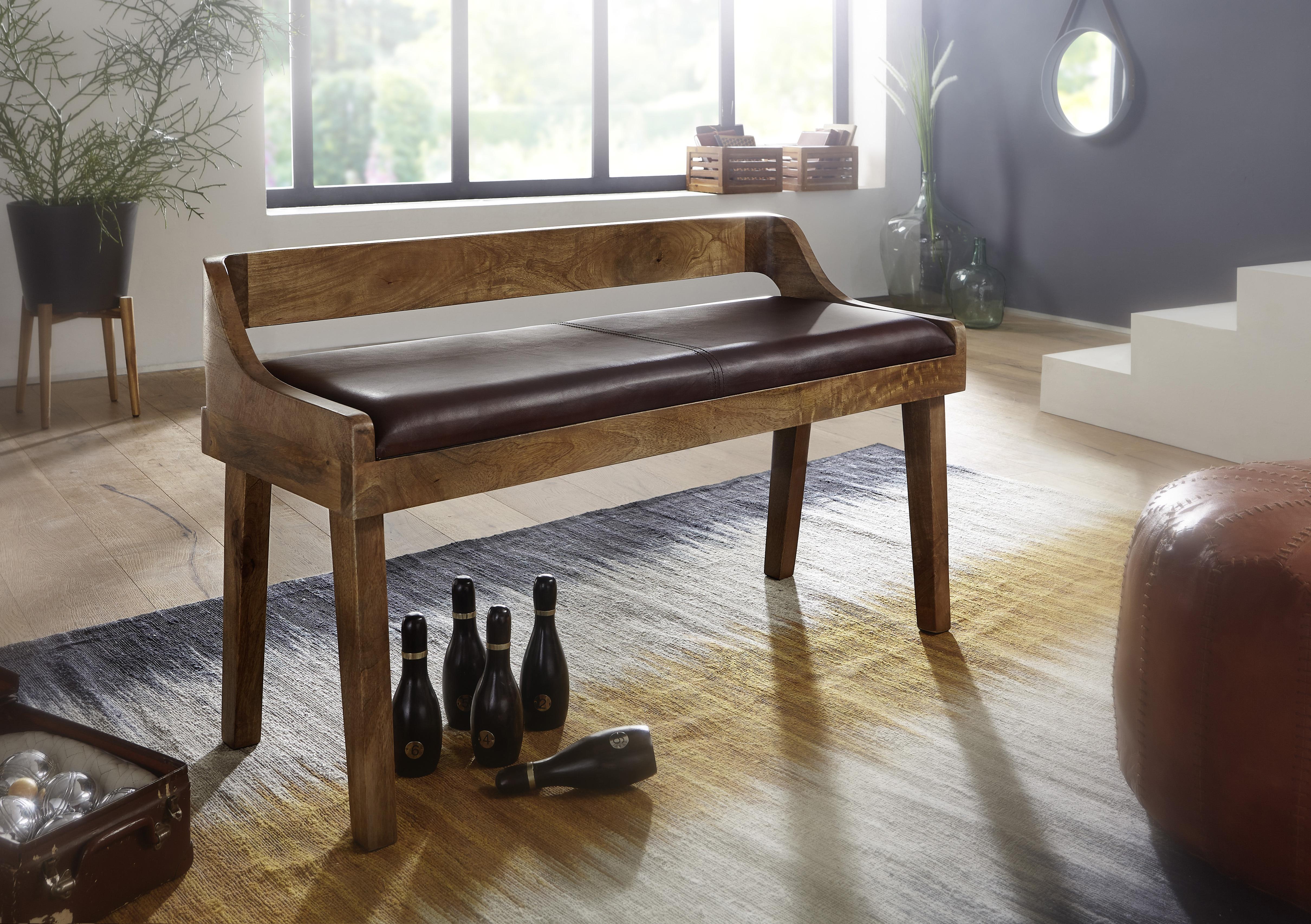 Lavice hnědá - přírodní barvy/hnědá, Moderní, dřevo/kůže (108/63/43cm) - MID.YOU