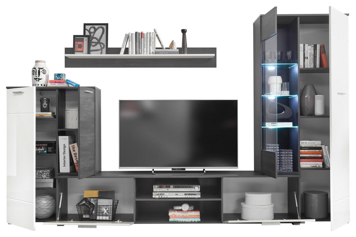 Wohnwand 4-tlg. Mit Led Melody, Weiß/anthrazit - Weiß Hochglanz/Anthrazit, KONVENTIONELL, Glas/Holzwerkstoff (312/190cm) - MID.YOU