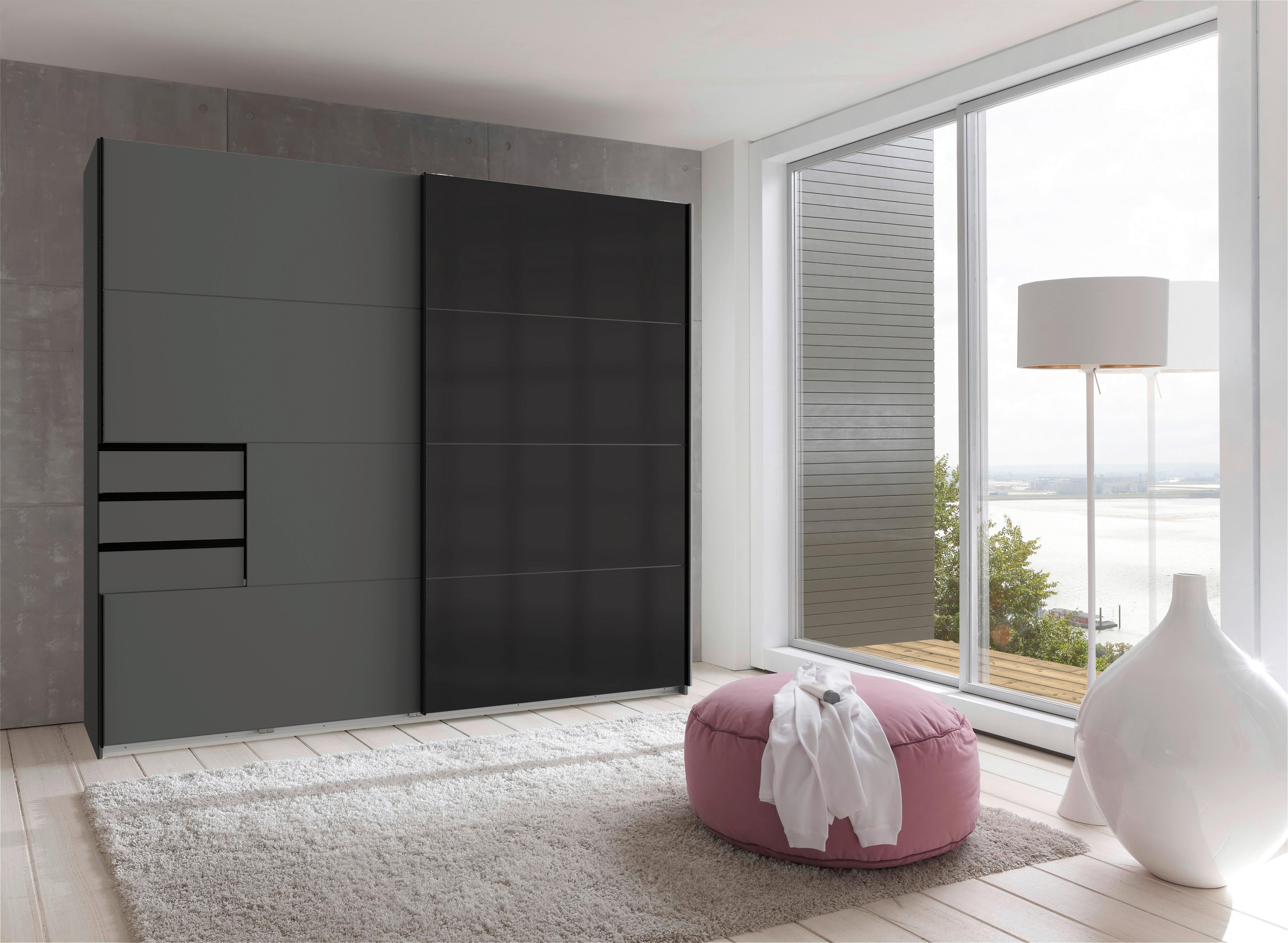 Skriňa s posuv. dverami SAIGON grafit/čierne sklo, š. 225 cm - čierna/grafitová, Konventionell, kov/kompozitné drevo (225/208/64cm) - Premium Living