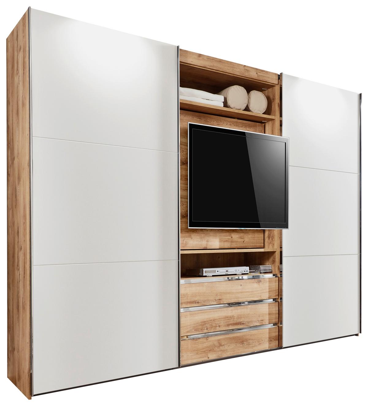 Schwebetürenschrank  mit Regal B: 300 cm Magic, Weiß/Eichef. - Eichefarben/Weiß, MODERN, Holzwerkstoff (300/216/65cm) - MID.YOU