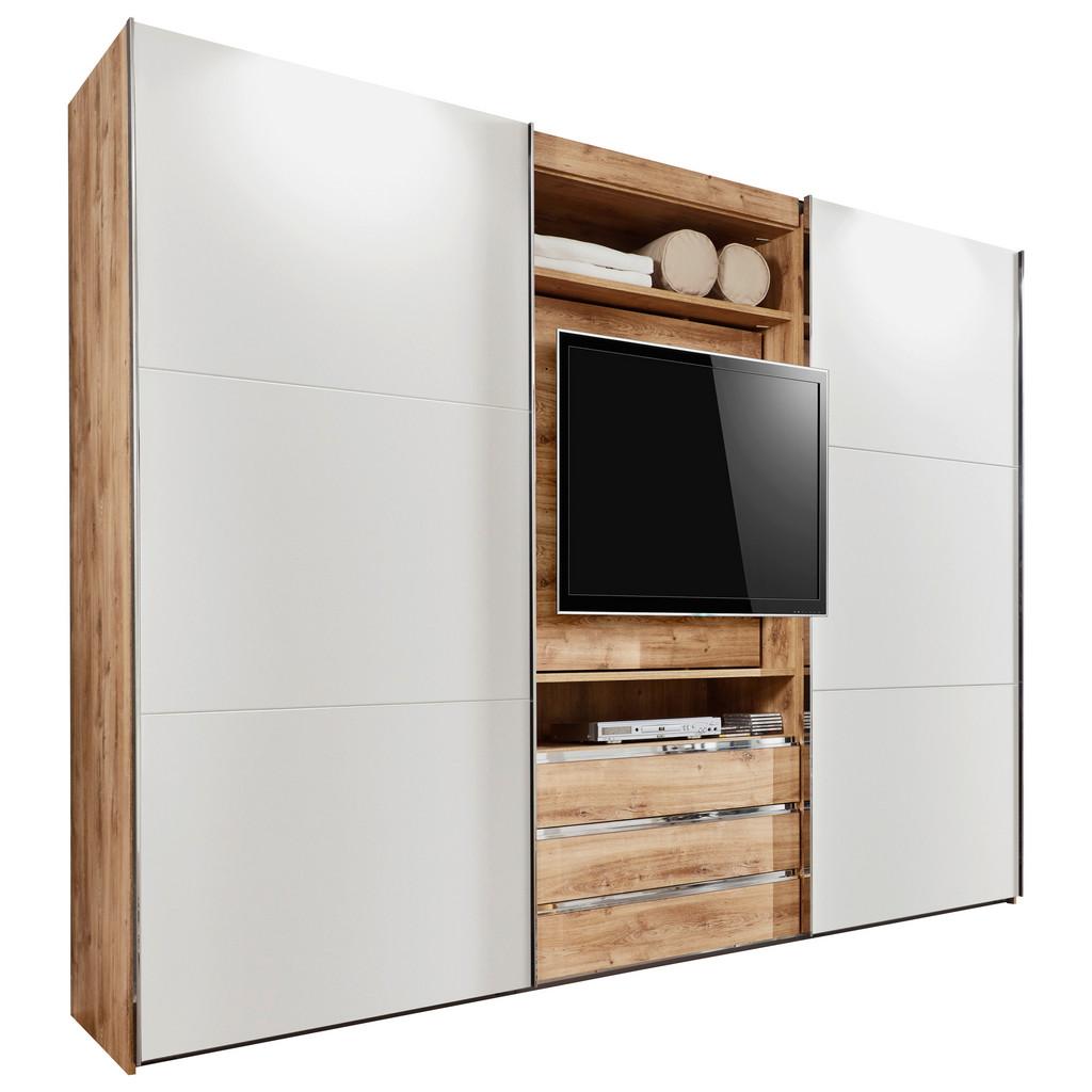 Schwebetürenschrank mit Regal B: 300 cm Magic, Weiß/Eichef.