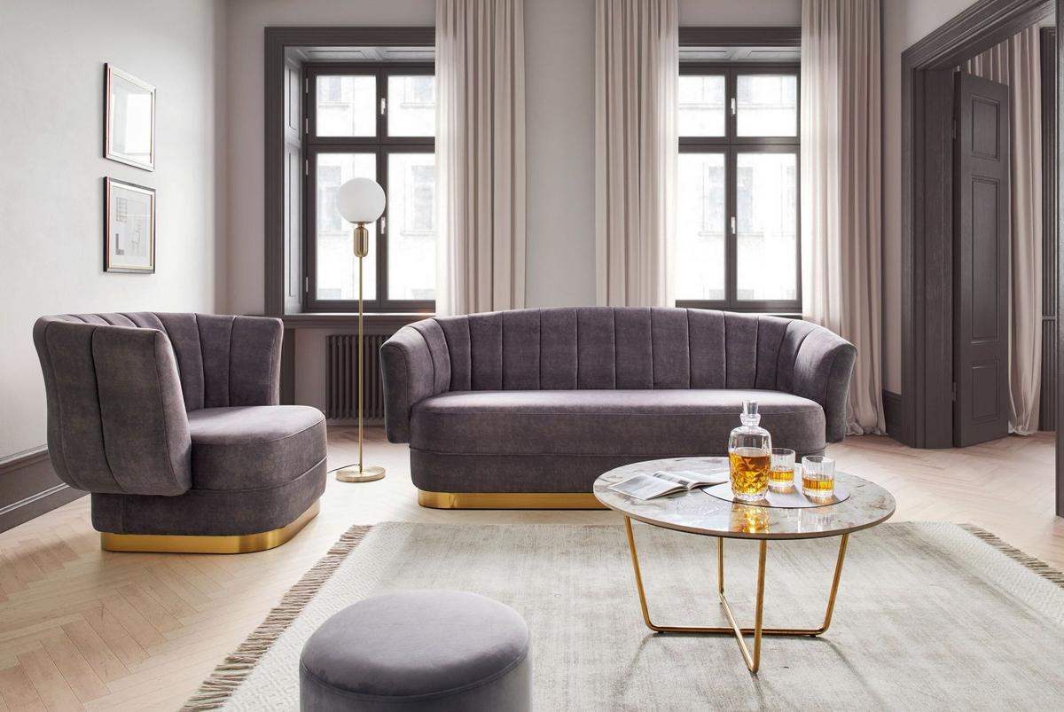 Stylové křeslo ARABELLA - šedohnědé - barvy zlata/šedavě hnědá, Moderní, kov/dřevo (120/90/85cm) - Bessagi Home