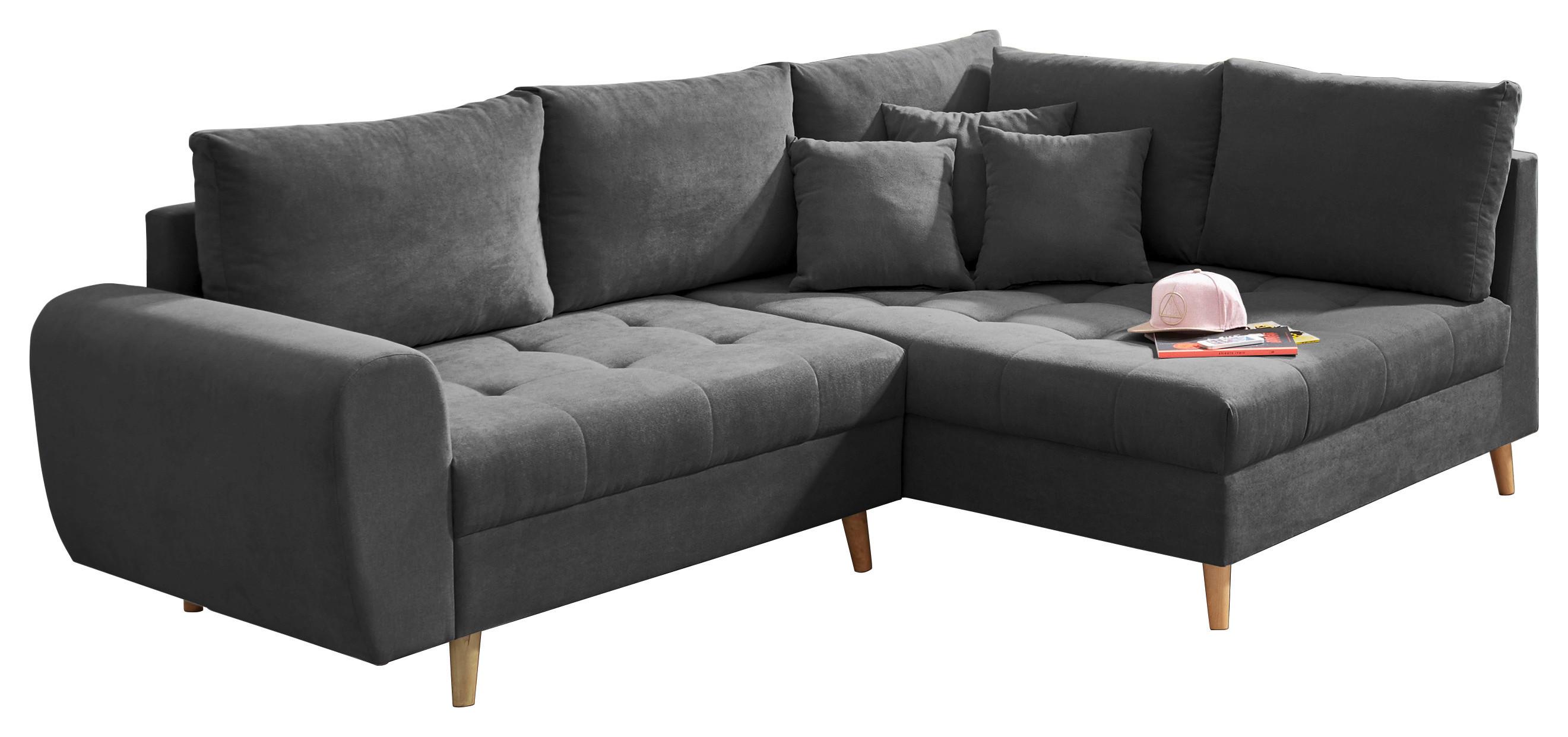Ecksofa Alice mit Kissen Anthrazit, Massivholz-Füße - Anthrazit/Kieferfarben, KONVENTIONELL, Holzwerkstoff/Textil (249/175cm) - MID.YOU