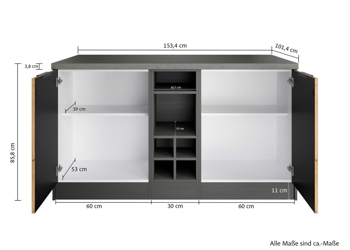 Kücheninsel Liverpool Graphit/ Eiche Dekor B: 153 cm - Schieferfarben/Eiche Wotan, Basics, Holzwerkstoff (153/86/101cm) - Held