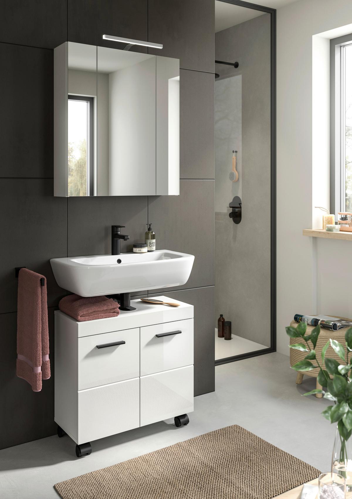 Badezimmer Nova Weiß B: 60cm - Weiß Hochglanz/Schwarz, Trend, Glas/Holzwerkstoff (60cm) - MID.YOU