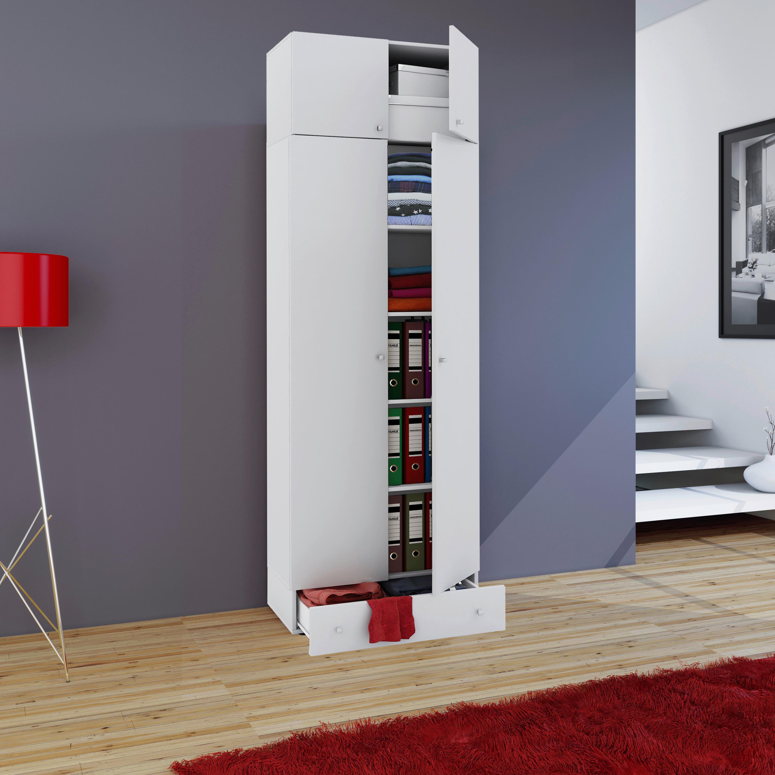 Viacúčelová skriňa VANDOL nadstavba so zásuvkou - biela/strieborná, Modern, kompozitné drevo/plast (70/238/39cm) - MID.YOU