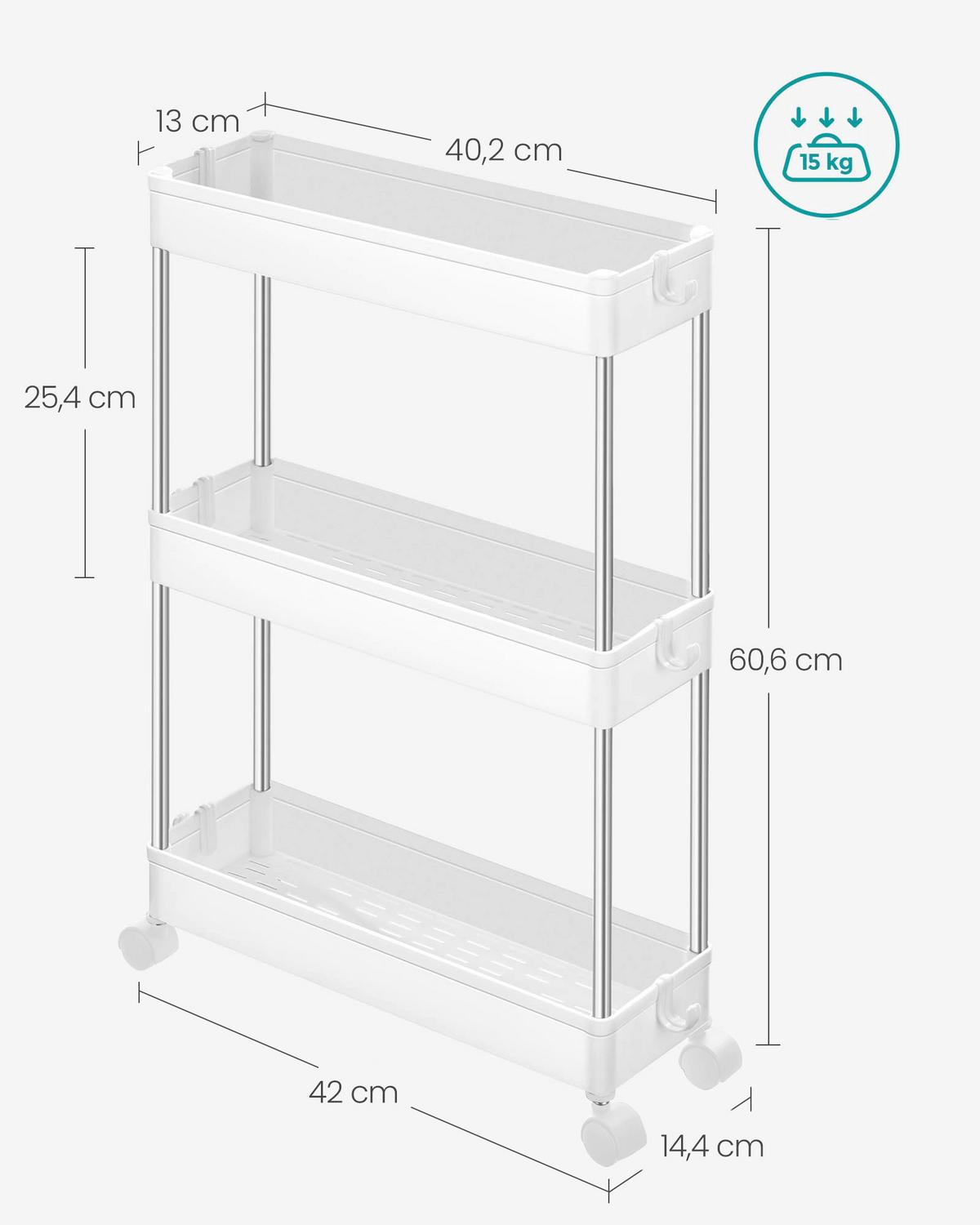 Servierwagen Weiß/Edelstahlfarben B: 14,4cm - Edelstahlfarben/Silberfarben, Basics, Kunststoff/Metall (14,4/60,6/42cm)