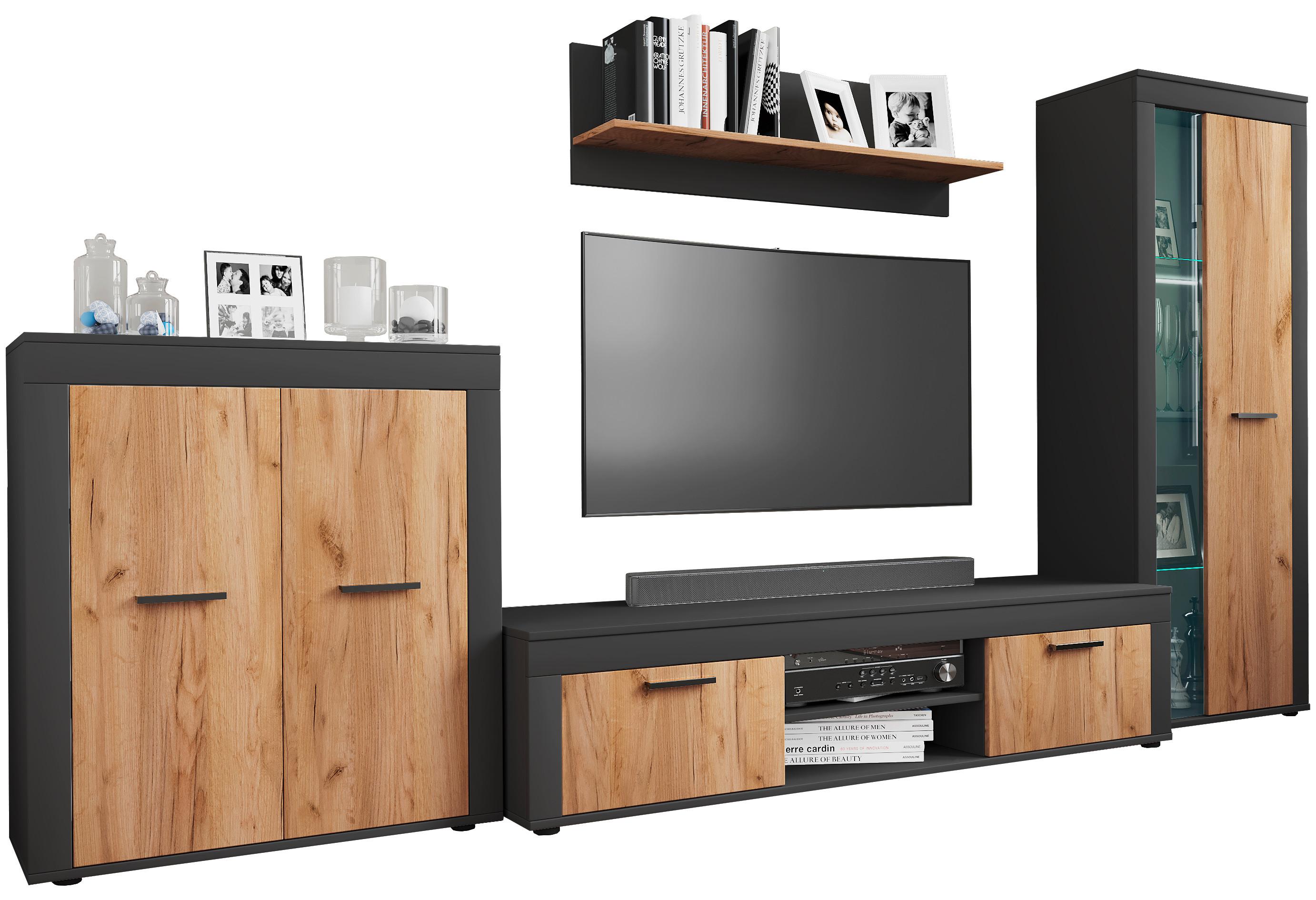 Wohnwand Usilo Anthrazit/Eiche Dekor B: 300cm - Honigeiche/Anthrazit, Design, Glas/Holzwerkstoff (300/159/37cm) - MID.YOU