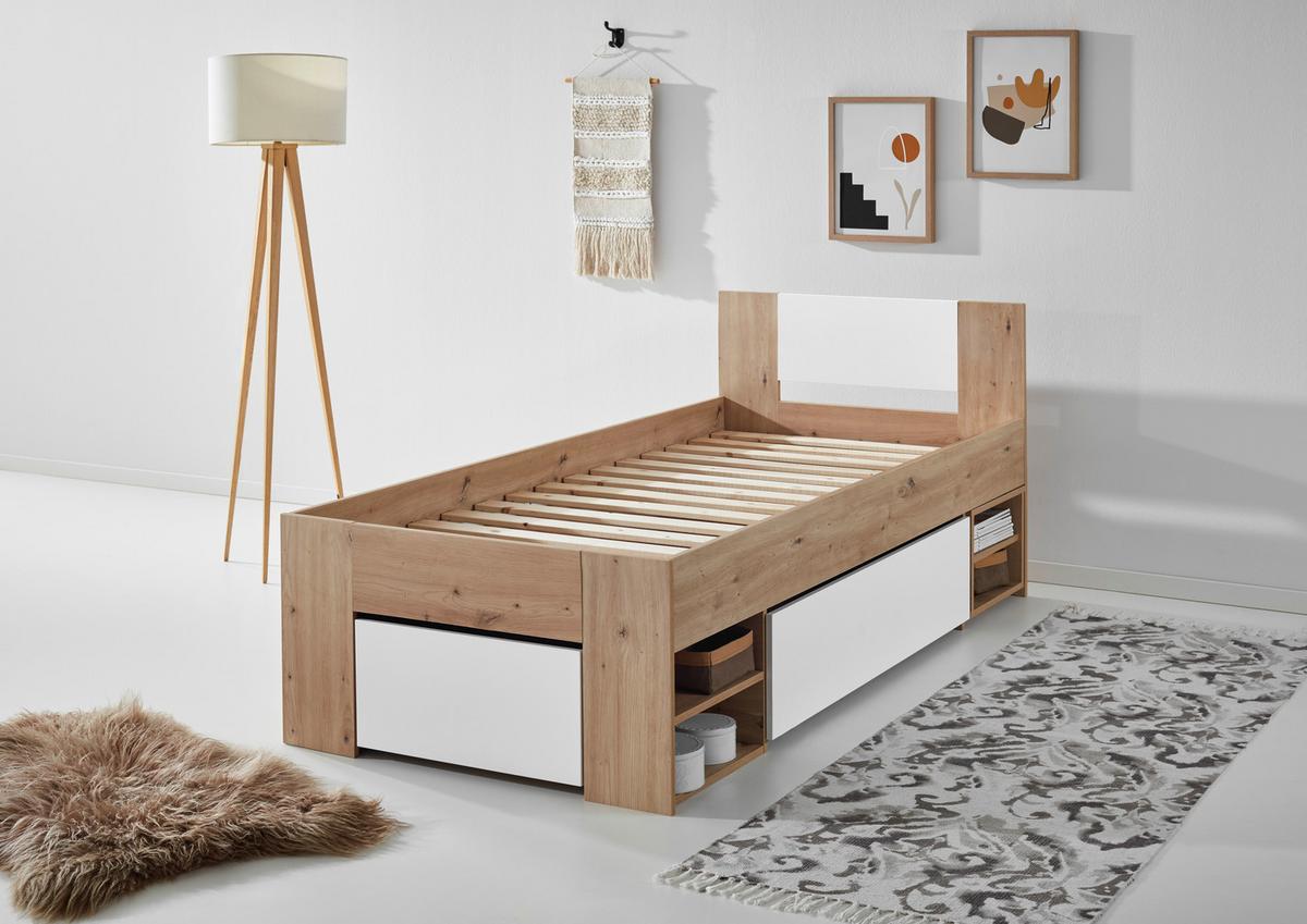 Stauraumbett mit Bettladen 90x 200cm Azurro Weiß/Eiche - Eiche Artisan/Weiß, MODERN, Holzwerkstoff (90/200cm)