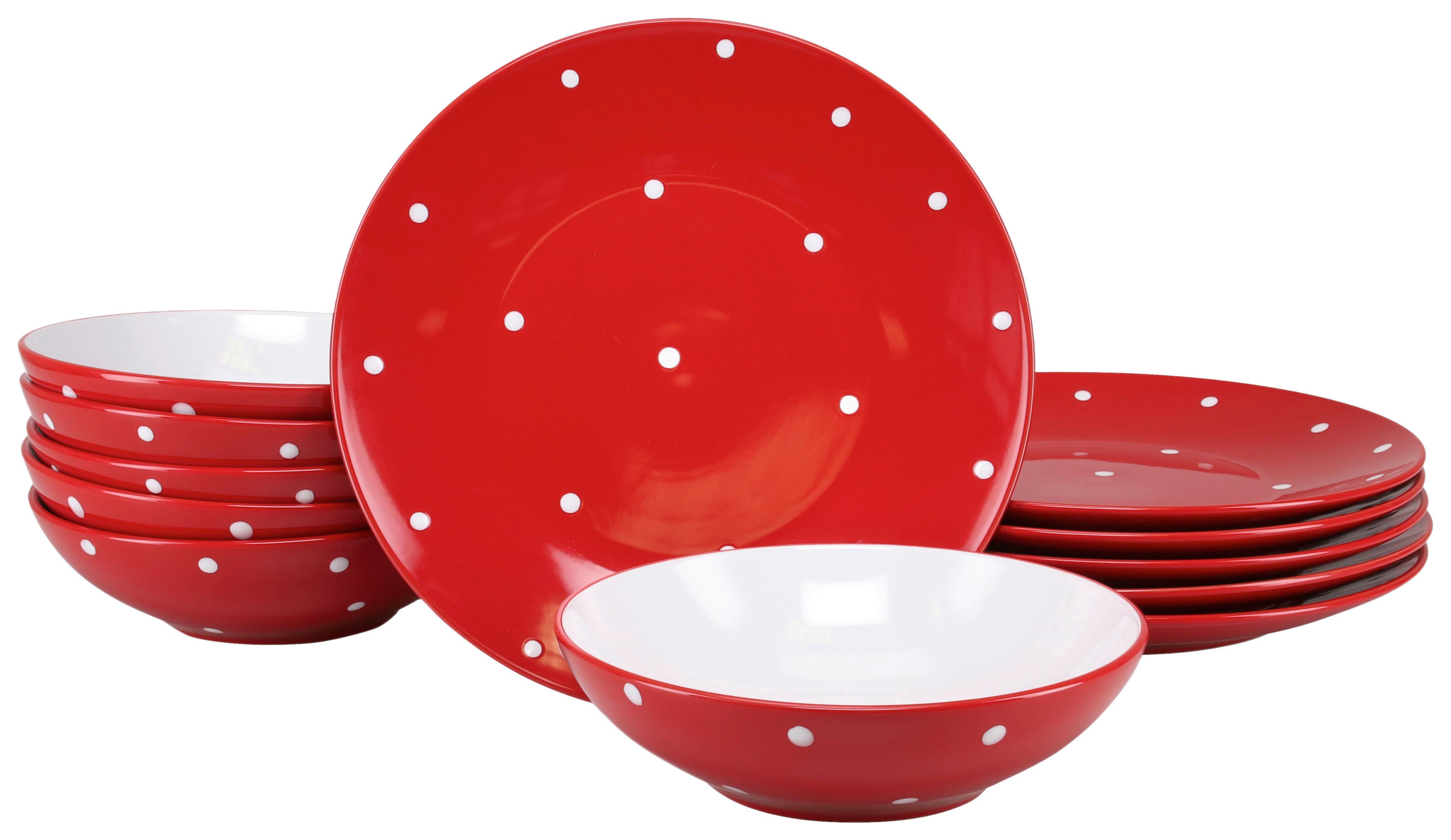 Tafelservice Polka Dots Rot/weiß, 6 Pers., 12-Teilig - Rot/Weiß, Basics, Keramik - Creatable