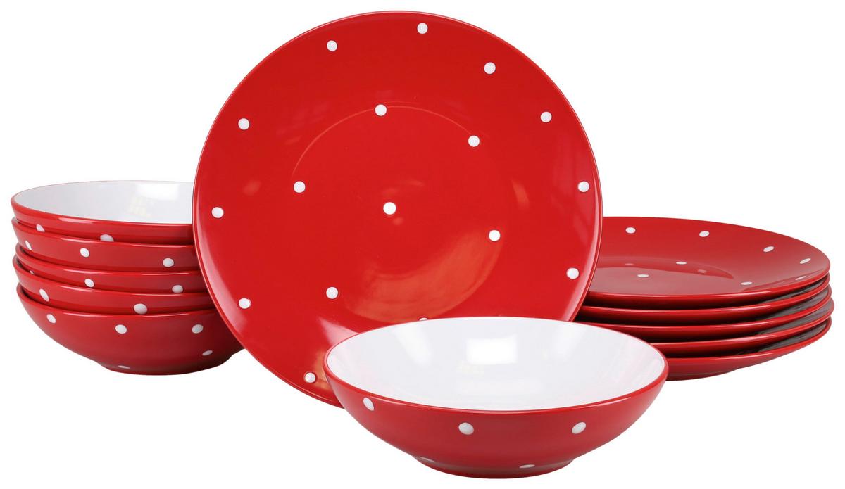 Tafelservice Polka Dots Rot/weiß, 6 Pers., 12-Teilig - Rot/Weiß, Basics, Keramik - Creatable