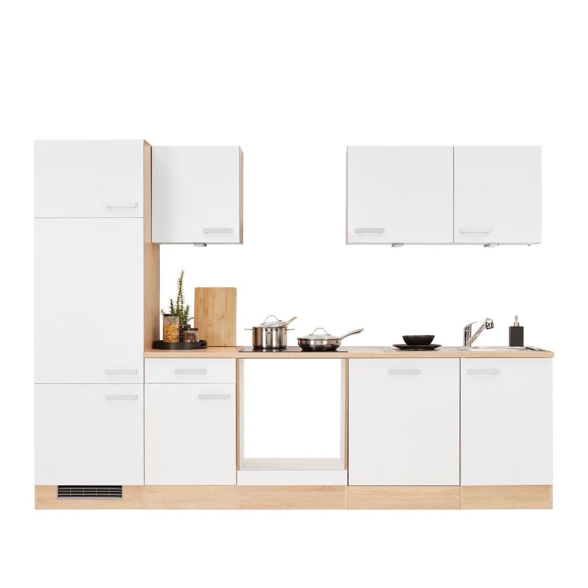 Kuchynský blok LEXA bez spotrebičov, šírka 280 cm - biela/farba duba, Modern, kompozitné drevo/plast (280cm) - Based