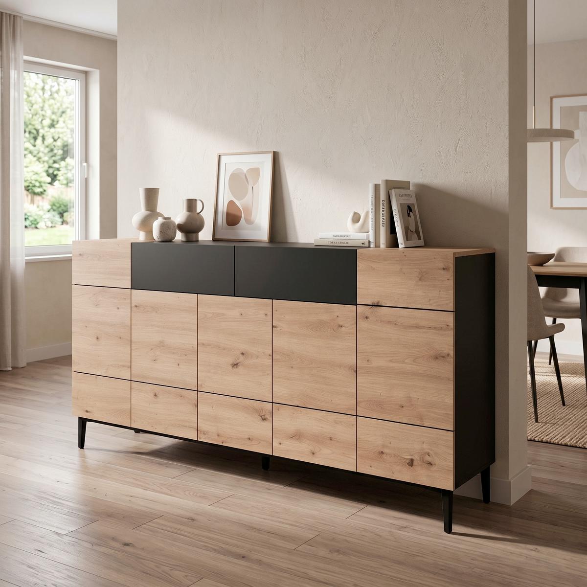Sideboard Dekor mit 2 Laden 180 cm Nola 003054 Schwarz - Eichefarben/Schwarz, KONVENTIONELL, Holzwerkstoff (180/90/42cm) - MID.YOU