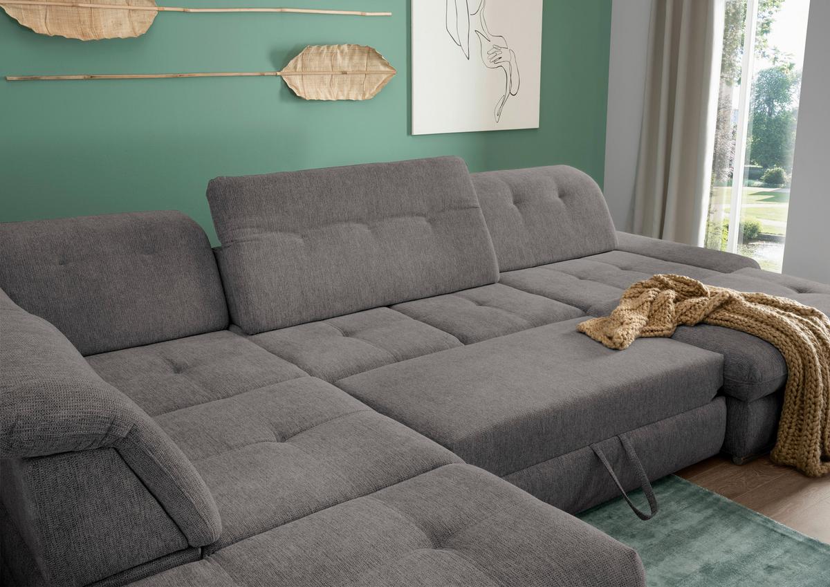 Wohnlandschaft Dalida Mit Schlaffunktion Braun/Grau - Chromfarben/Braun, Design, Textil (254/376/195cm) - Livetastic