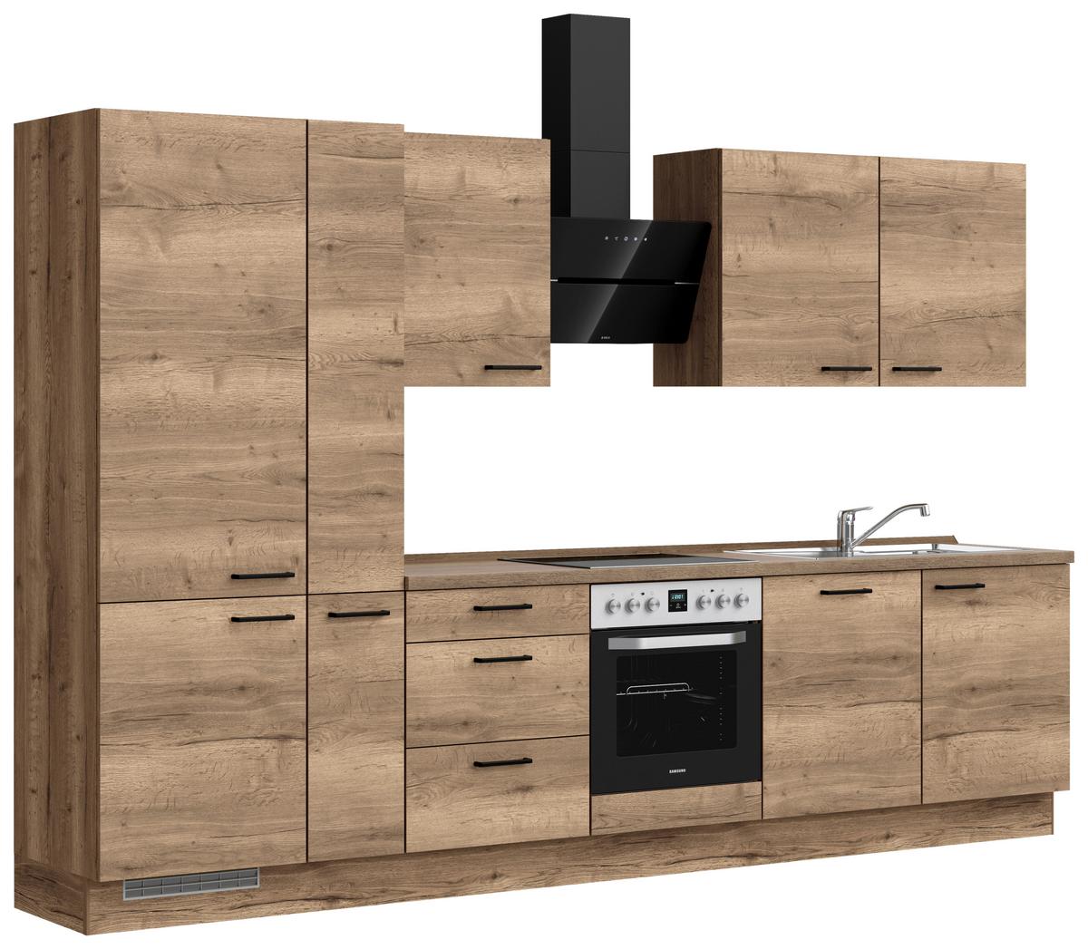 Kuchyňská linka 330 cm, dekor dub Havanna - černá/tmavý dub, Moderní, kov/kompozitní dřevo (330cm) - Nobilia