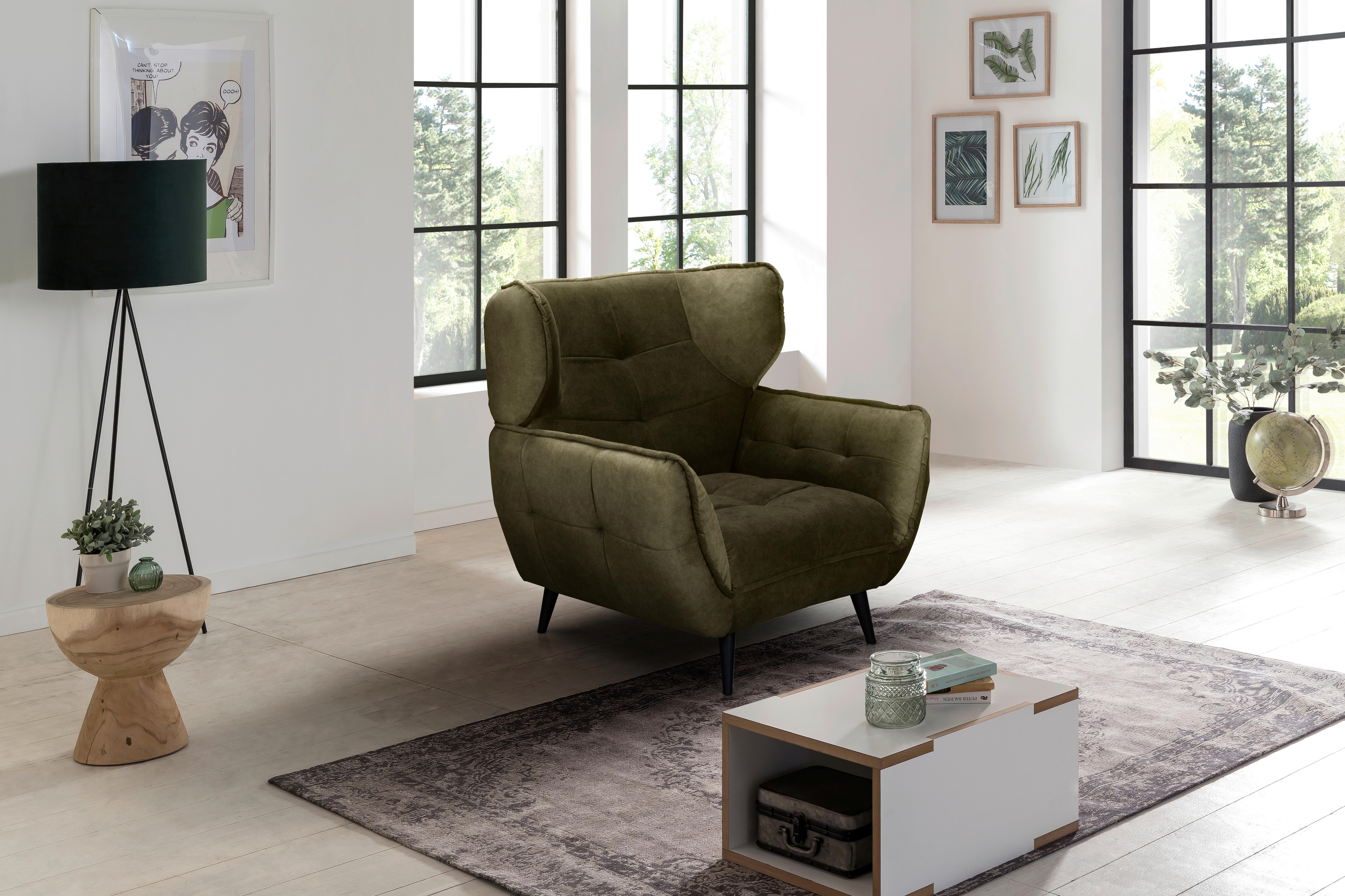 Široké křeslo Ariana, zelené - černá/olivově zelená, Moderní, kov/textil (103/105/98cm)