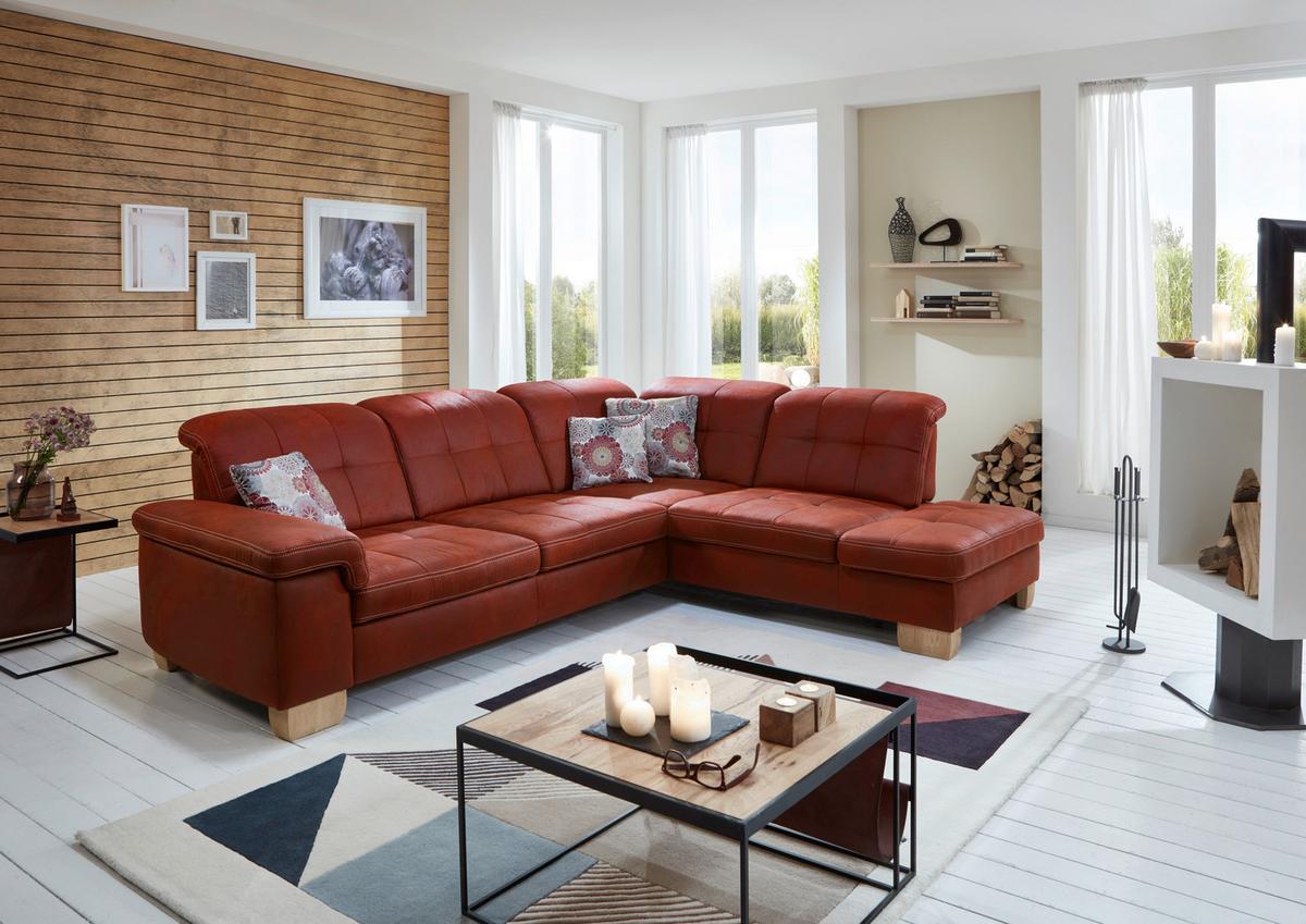 Sedací souprava ELLA, pravá, cihlová, s funkcemi - divoký dub/terracotta, Moderní, dřevo/textil (273/243cm)