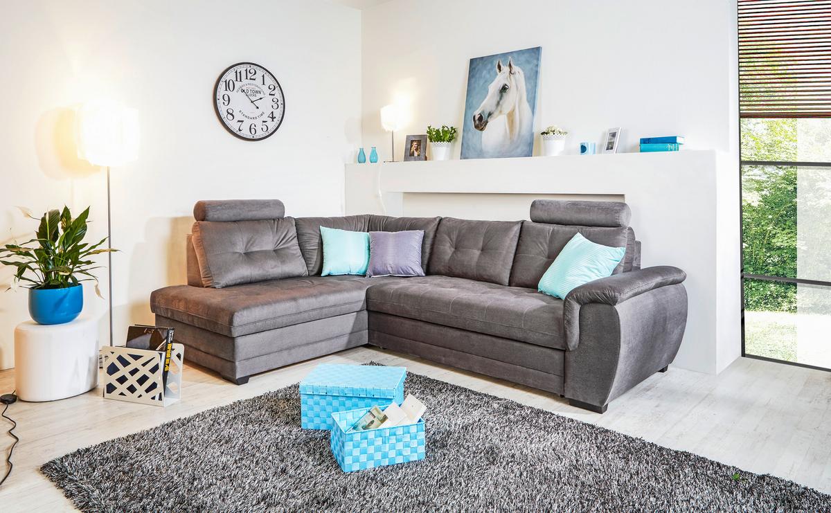 Ecksofa mit Schlaffunktion + Bettkasten Falco, Mikrofaser - Dunkelgrau/Dunkelbraun, KONVENTIONELL, Textil (183/251cm) - Ondega