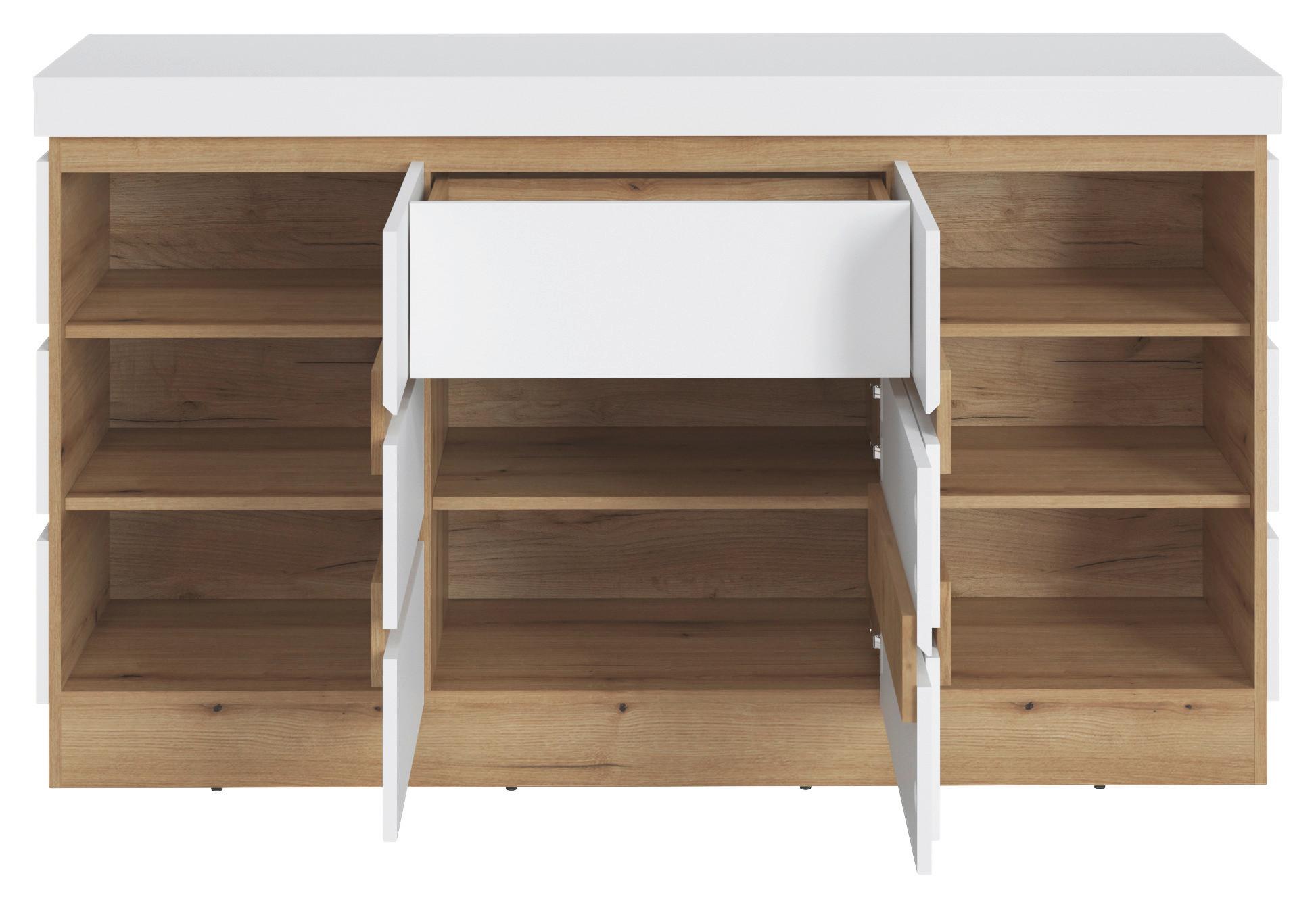 Sideboard Calabria Weiß/eiche Dekor B: 160,8 Cm - Eichefarben/Weiß, Trend, Holzwerkstoff (160,8/92,5/45cm)