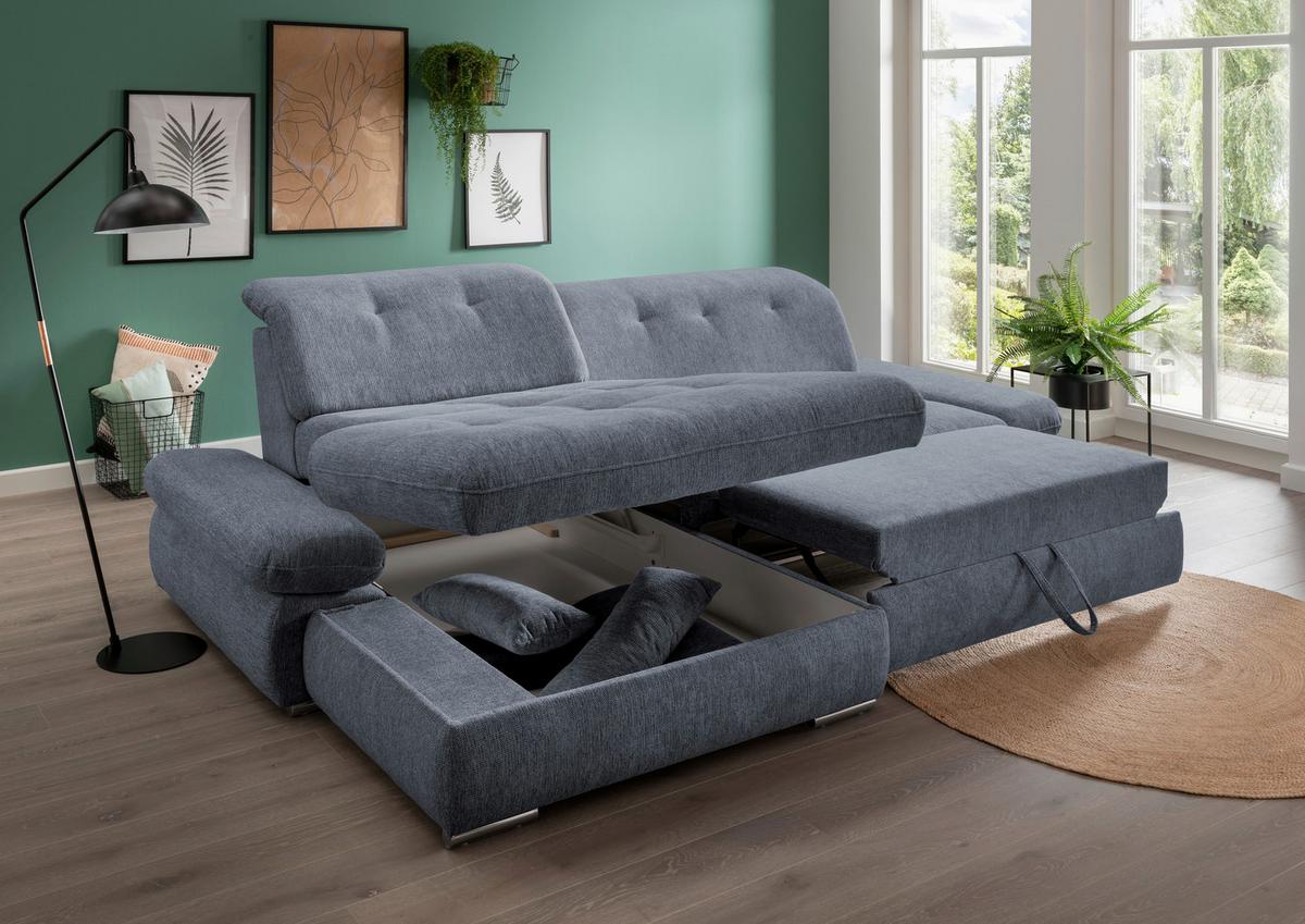 Ecksofa Mit Schlaffunktion Dalida Hellblau Chenille - Chromfarben/Hellblau, Design, Textil (196/300cm) - Livetastic