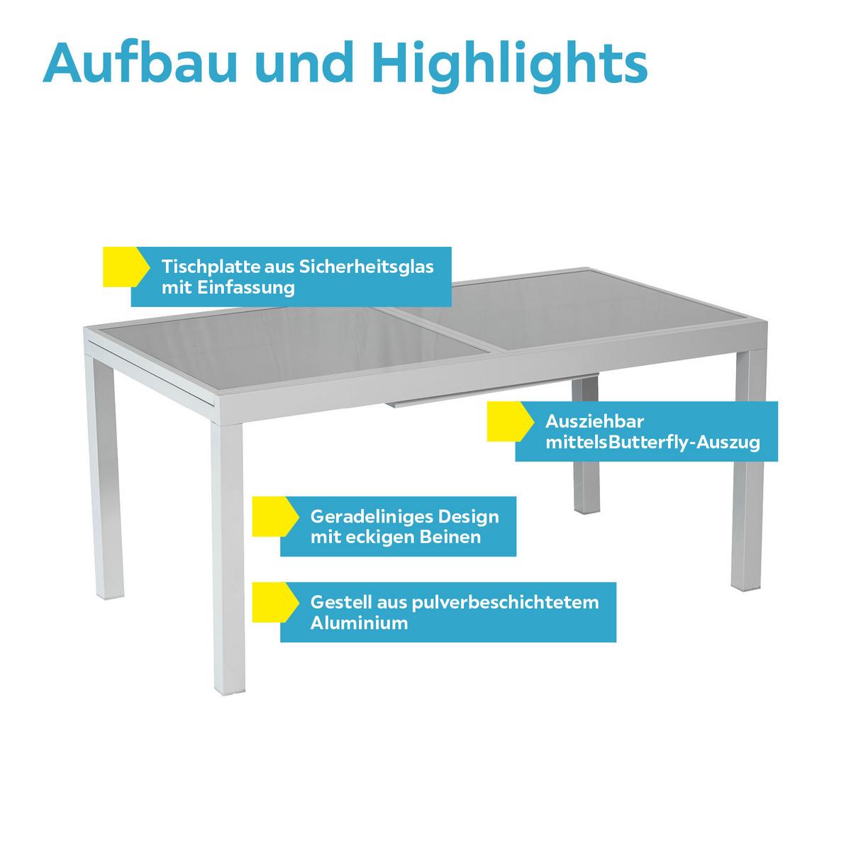 Gartentisch ausziehbar Metall/ Glas L: 120-180 cm - Silberfarben, KONVENTIONELL, Glas/Metall (120/90/75cm) - Gardenson
