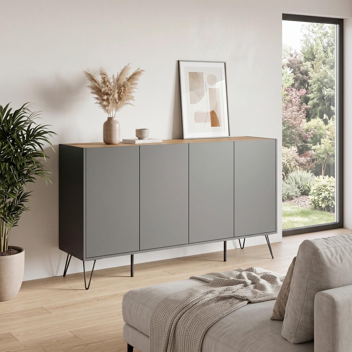 Sideboard Posseik Industrial Graphitfarben/Eichef. 155 cm - Eichefarben/Graphitfarben, Design, Holzwerkstoff (155/93,6/42cm) - MID.YOU